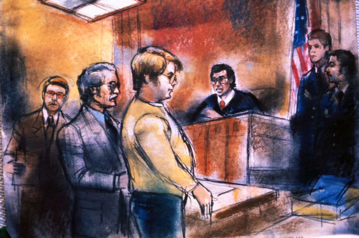 A sketch of Mark David Chapman appearing in court for arraignment after John Lennon's murder