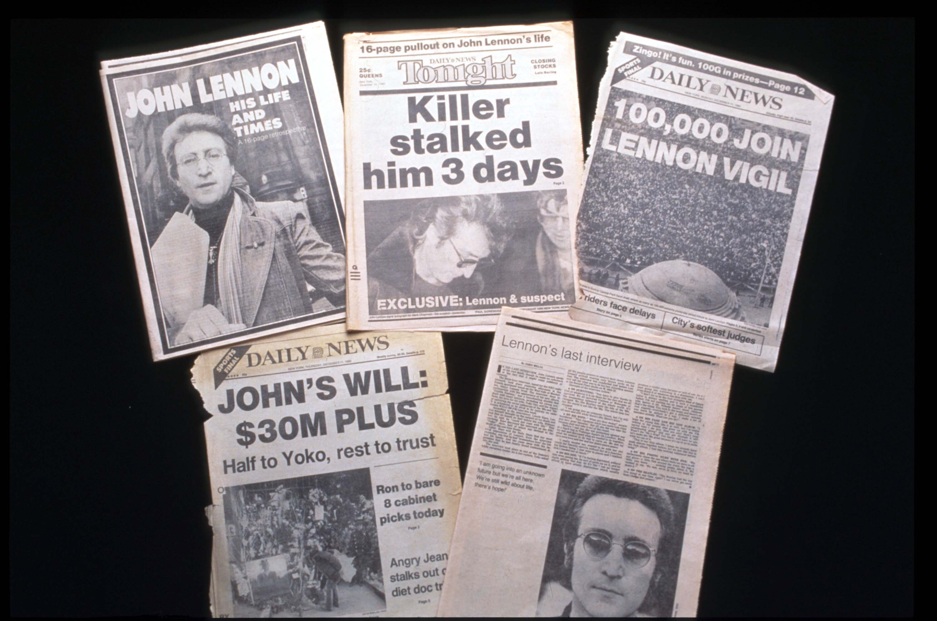 Newspapers announcing the death of former Beatle John Lennon, December 1980
