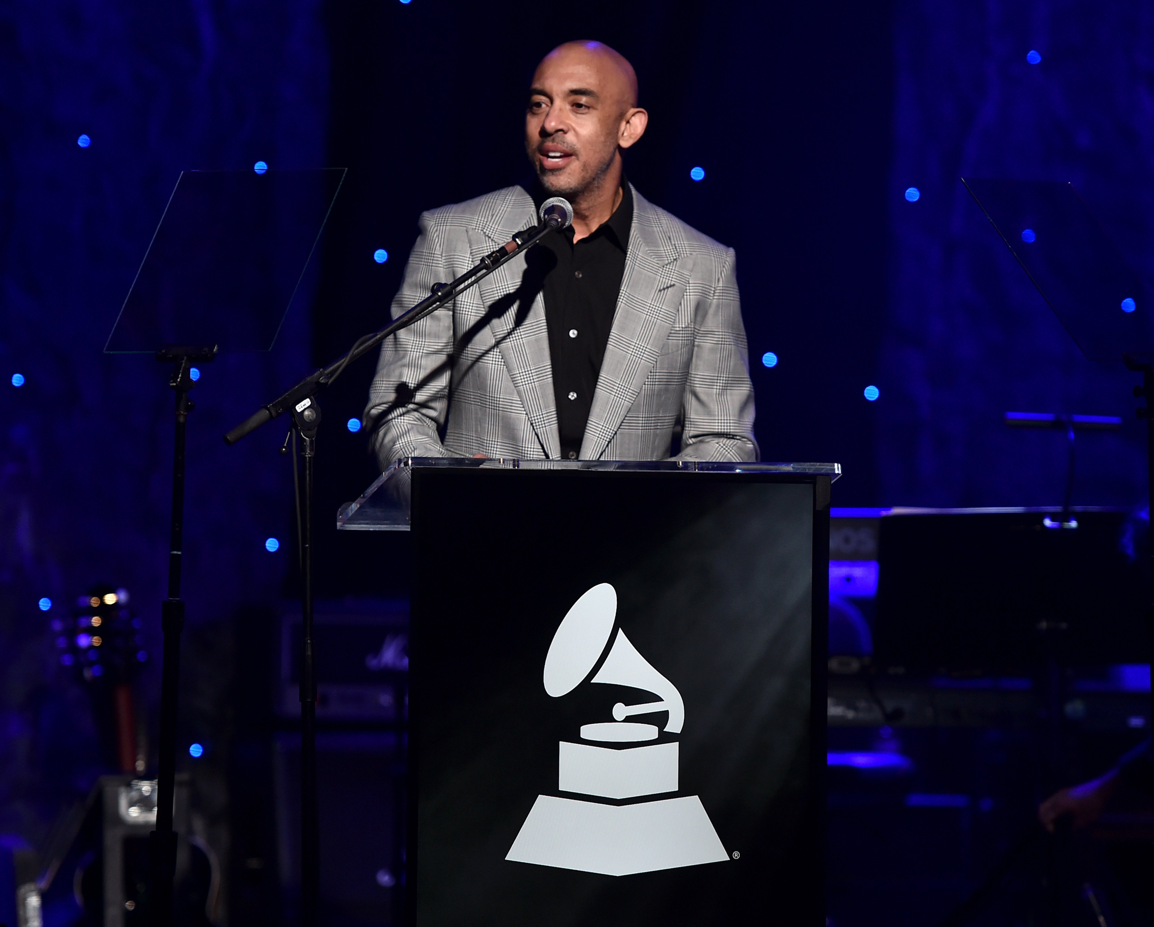 Harvey Mason Jr. speaks during the Pre-GRAMMY Gala and GRAMMY Salute to Industry Icons Honoring Sean "Diddy" Combs in January 2020. |  Alberto E. Rodriguez/Getty Images for The Recording Academy