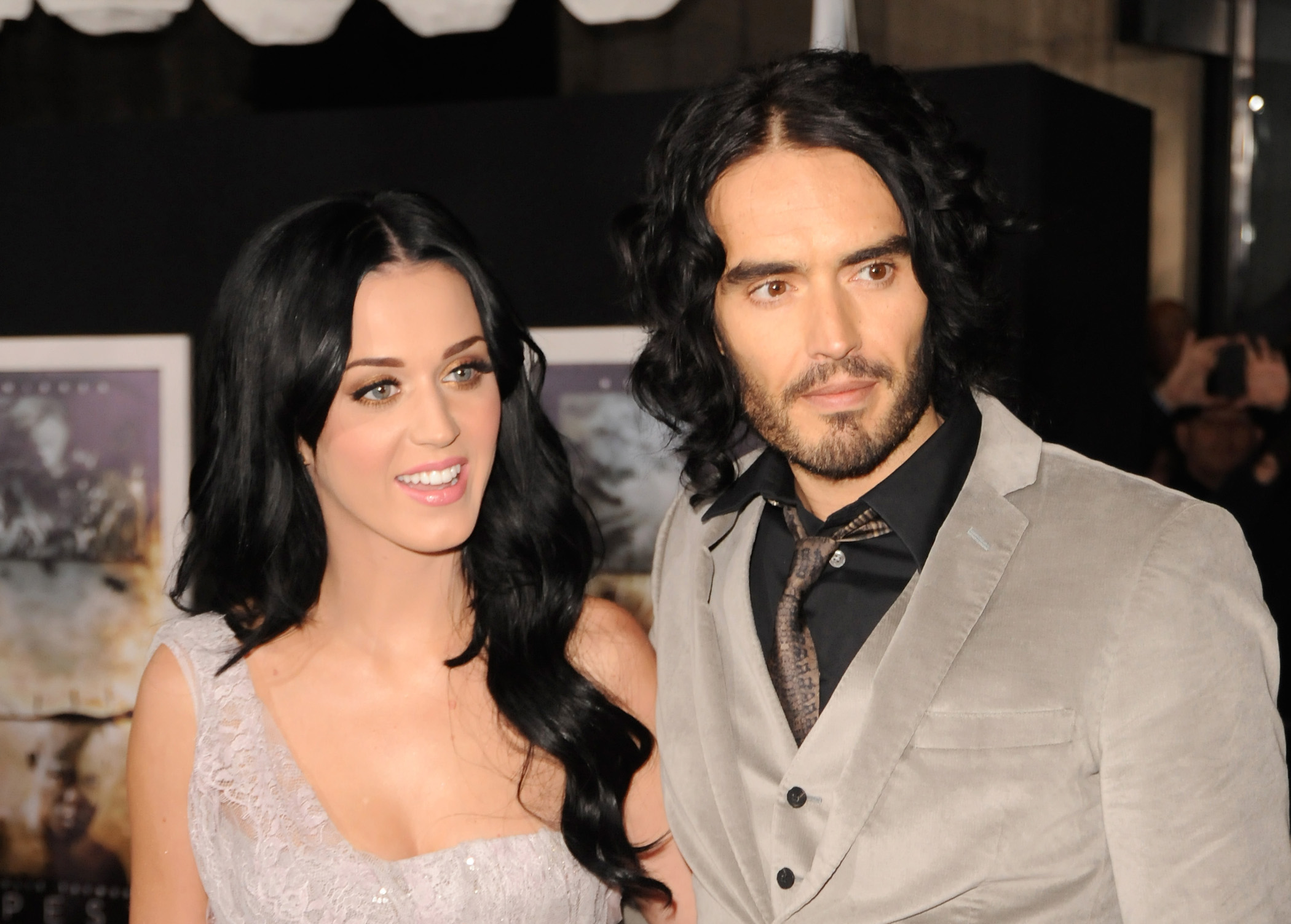 Katy Perry and comedian Russell Brand arrive at the Los Angeles premiere of 'The Tempest'