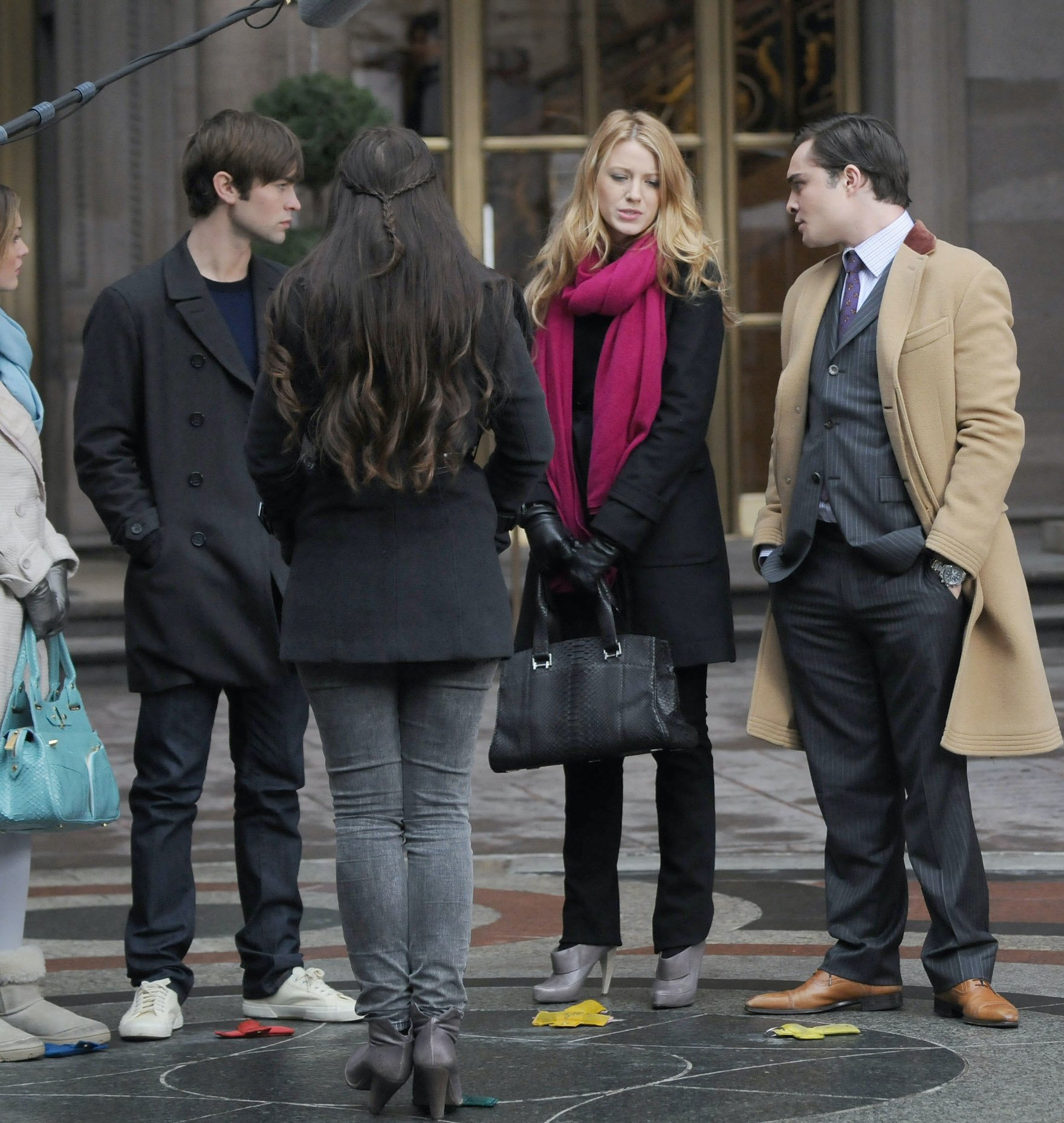 Leighton meester, Chace Crawford, Blake Lively, and Ed Westwick filming a scene from 'Gossip Girl' outside the Palace Hotel