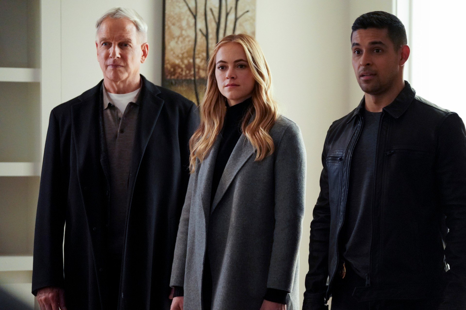 Mark Harmon, Emily Wickersham, and Wilmer Valderrama on NCIS| Patrick McElhenney/CBS via Getty Images