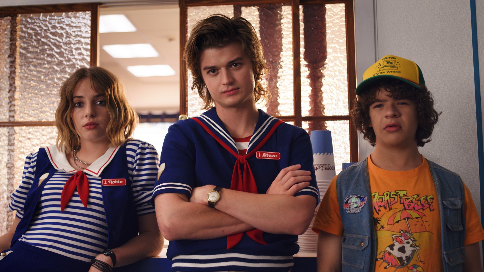 Maya Hawke as Robin Buckley, Joe Keery as Steve Harrington, and Gaten Matarazzo as Dustin Henderson on 'Stranger Things' Season 3