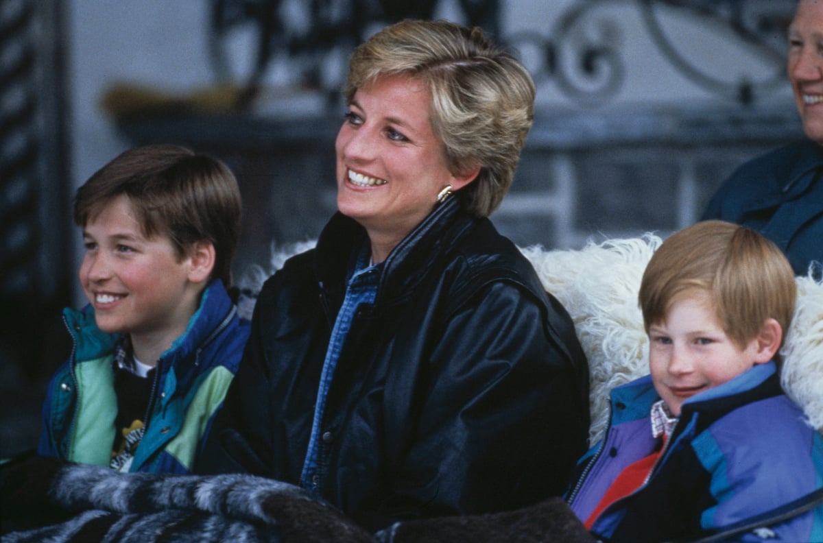 Princess Diana (1961 - 1997) with her sons Prince William (left) and Prince Harry on a skiing holiday in Lech, Austria, 30th March 1993.