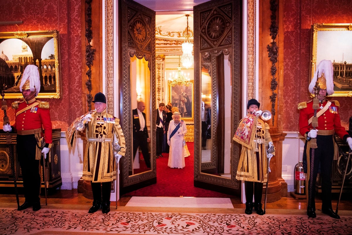 Queen Elizabeth II entering reception at Buckingham Palace 
