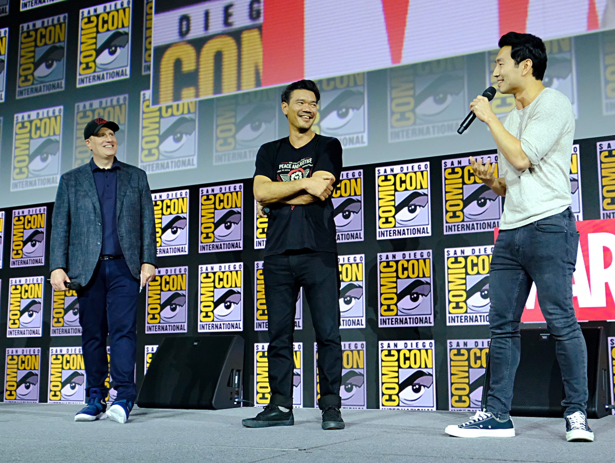 L-R) President of Marvel Studios Kevin Feige, Director Destin Daniel Cretton and Simu Liu discussing Shang-Chi and the Legend of Ten Rings