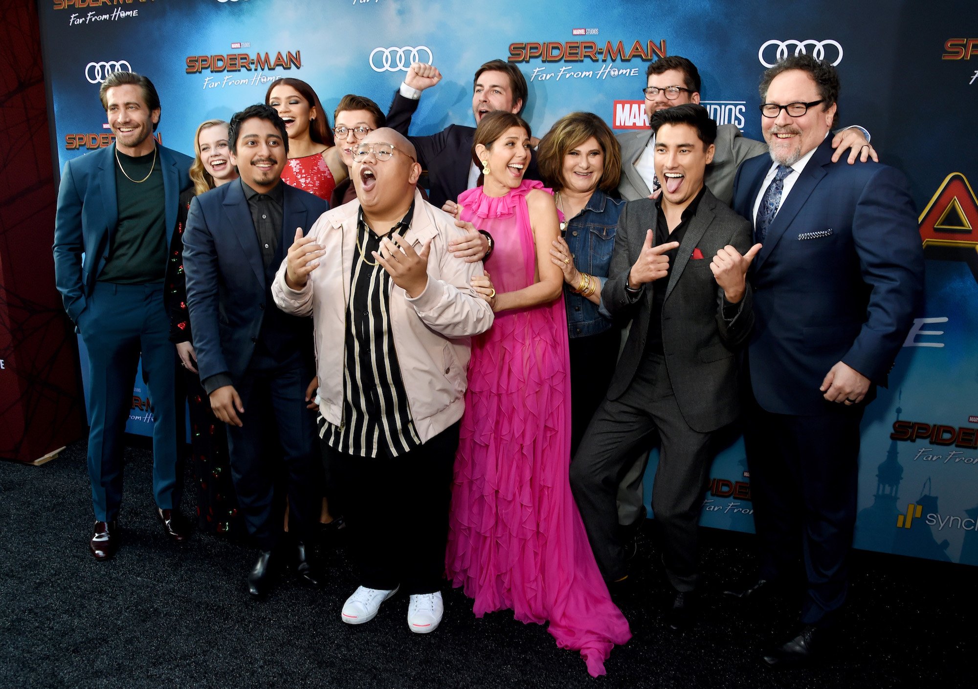 Cast and crew of Spider-Man: Far From Home laughing