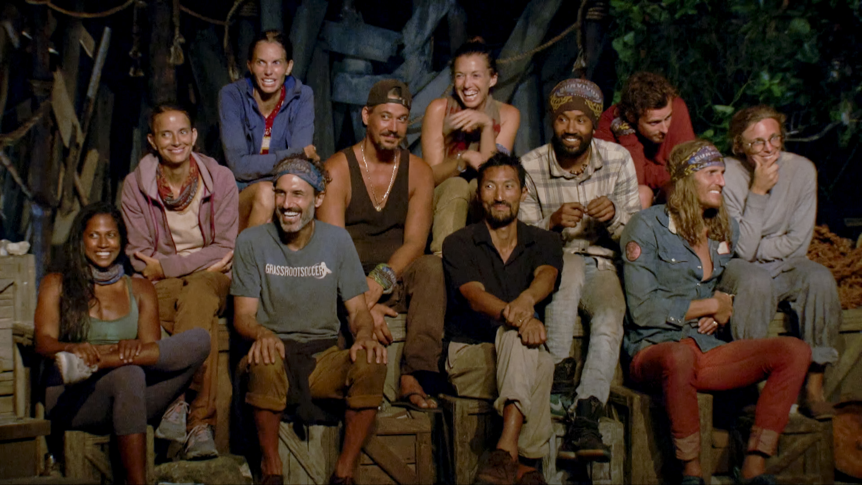 Natalie Anderson, Amber Brkich Mariano, Ben Driebergen, Ethan Zohn, Boston Rob Mariano, Parvati Shallow, Yul Kwon, Wendell Holland, Adam Klein, Tyson Apostol and Sophie Clarke at Tribal Council on the Twelfth episode of Survivor: Winners at War