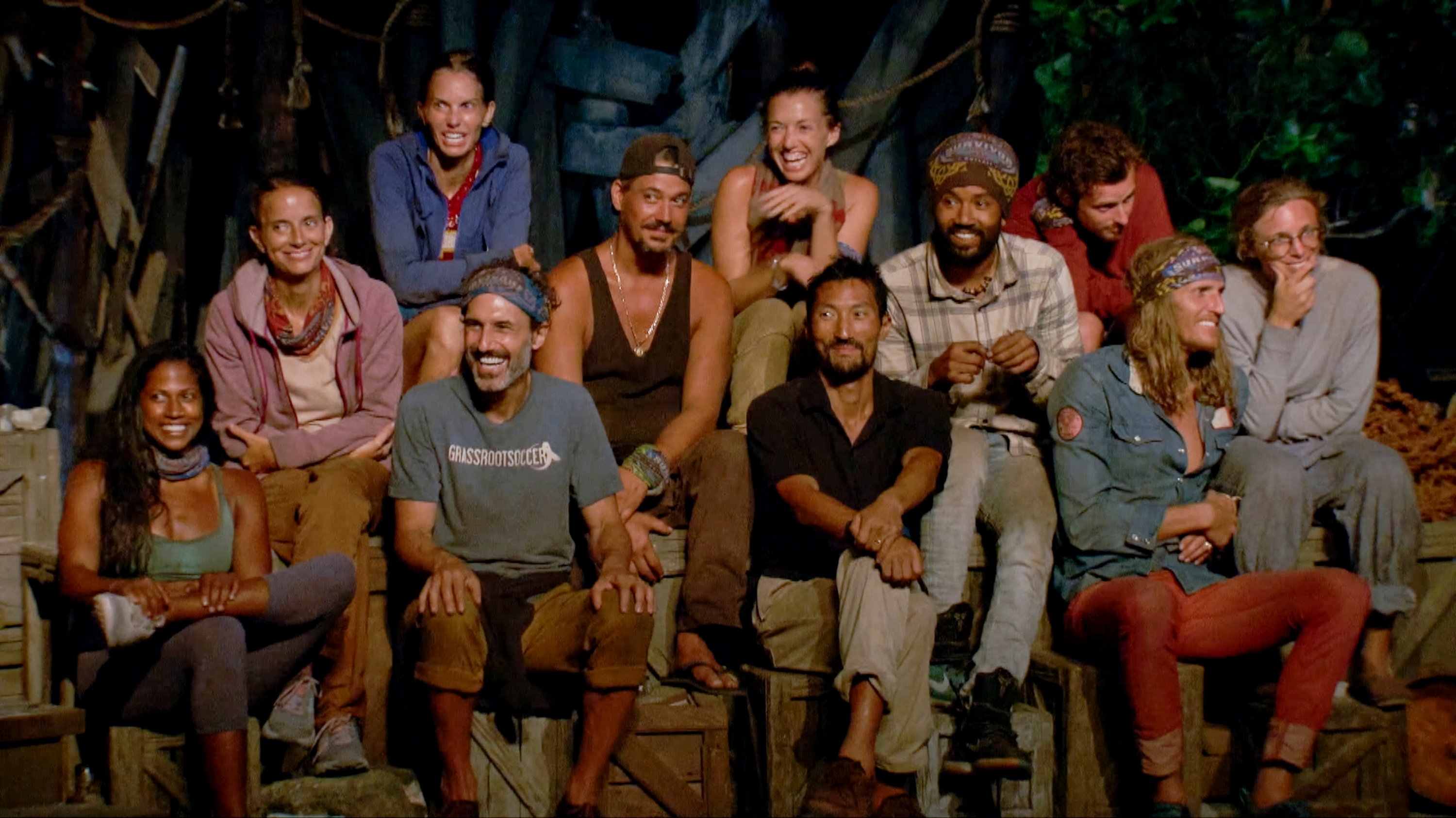 Natalie Anderson, Amber Brkich Mariano, Ben Driebergen, Ethan Zohn, Boston Rob Mariano, Parvati Shallow, Yul Kwon, Wendell Holland, Adam Klein, Tyson Apostol and Sophie Clarke at Tribal Council on the Twelfth episode of Survivor: Winners at War