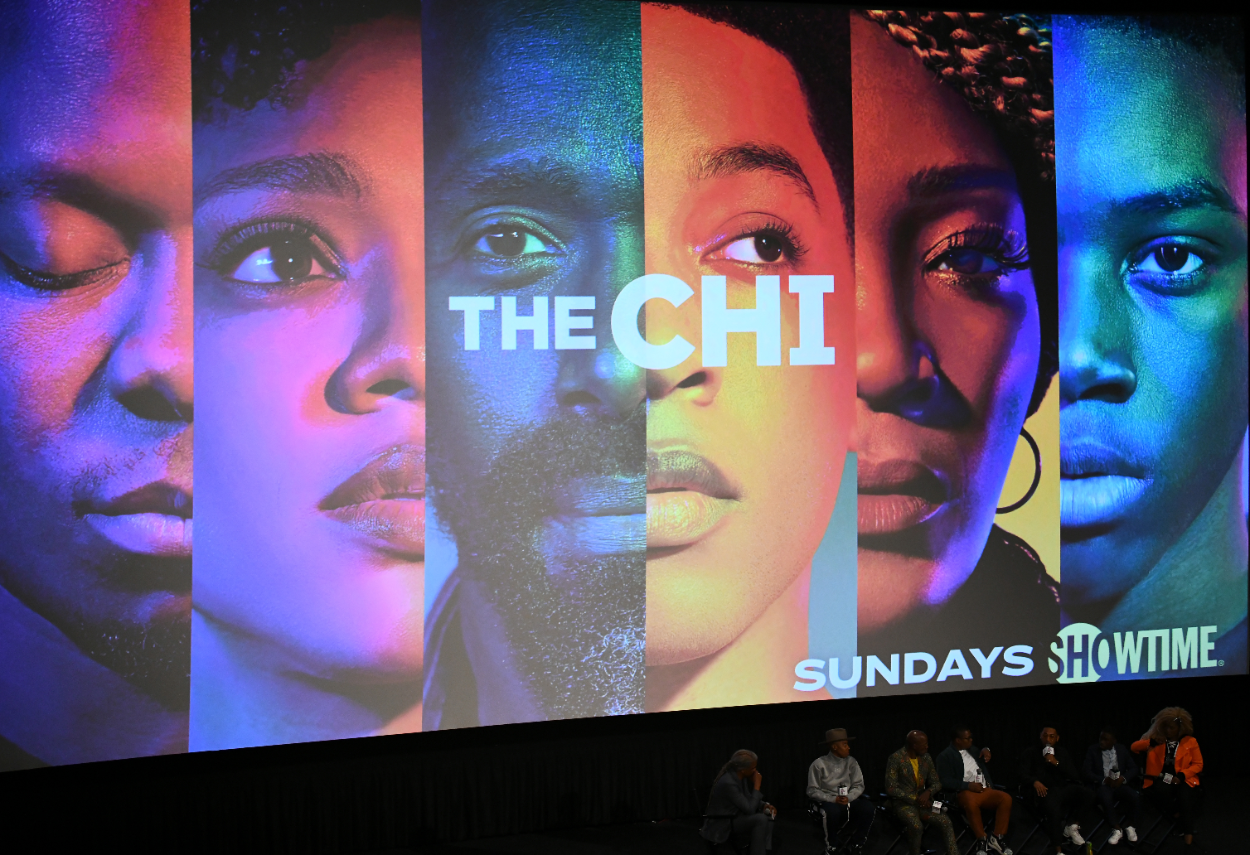 Elvis Mitchell, Lena Waithe, Ntare Guma Mbaho Mwine, Jason Mitchell, Jacob Latimore, Alex R. Hibbert and Yolonda Ross at Film Independent Presents Showtime Screening Series - The Chi