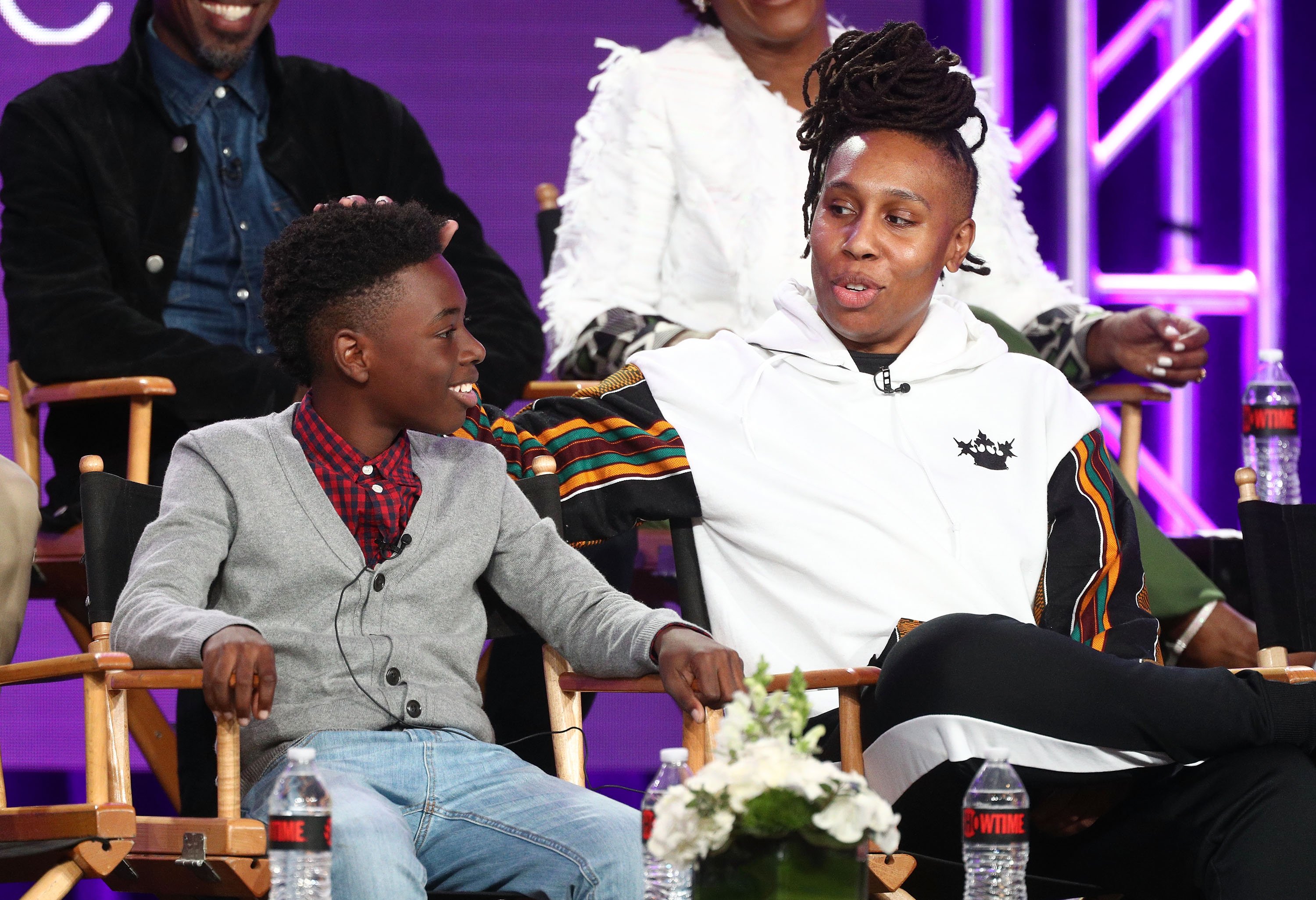 Alex Hibbert (L) and creator/executive producer and writer Lena Waithe of the television show 'The Chi' speak onstage during the CBS Showtime portion of the 2018 Winter Television Critics Association Press Tour