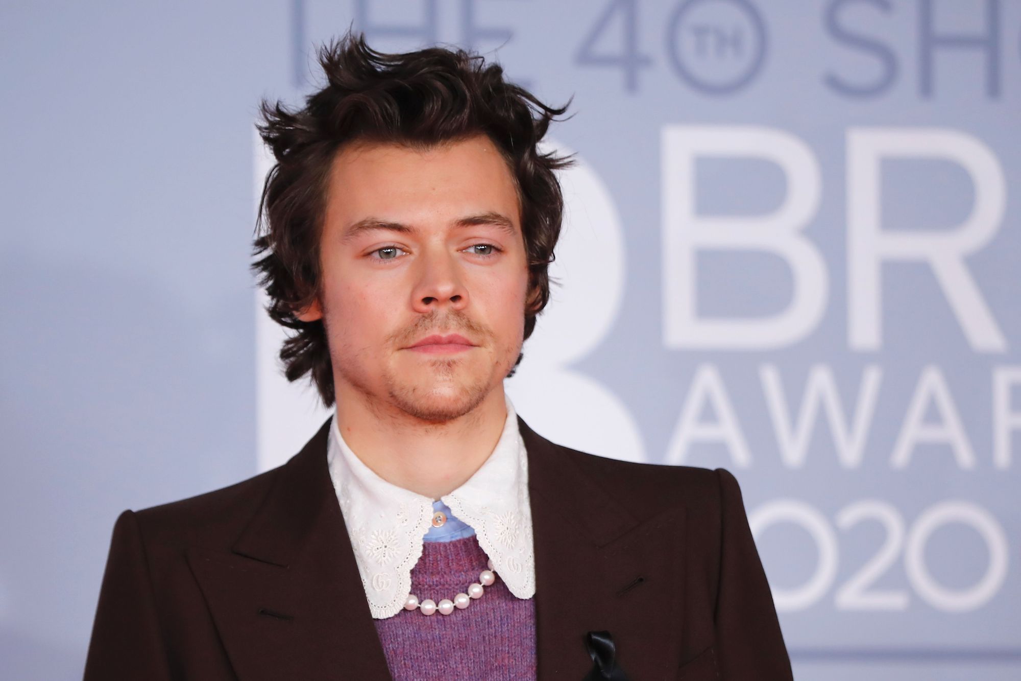 Harry Styles on the red carpet on arrival for the BRIT Awards 2020 in London on February 18, 2020.