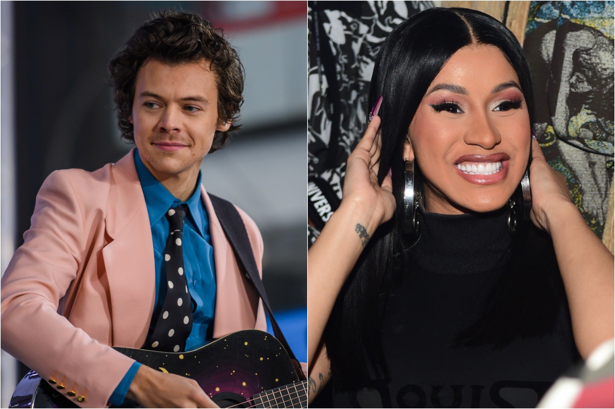 Harry Styles on 'The TODAY Show' on Feb. 26, 2020 / Cardi B attends Hawks vs Nets After Party at Gold Room on Feb. 28, 2020.
