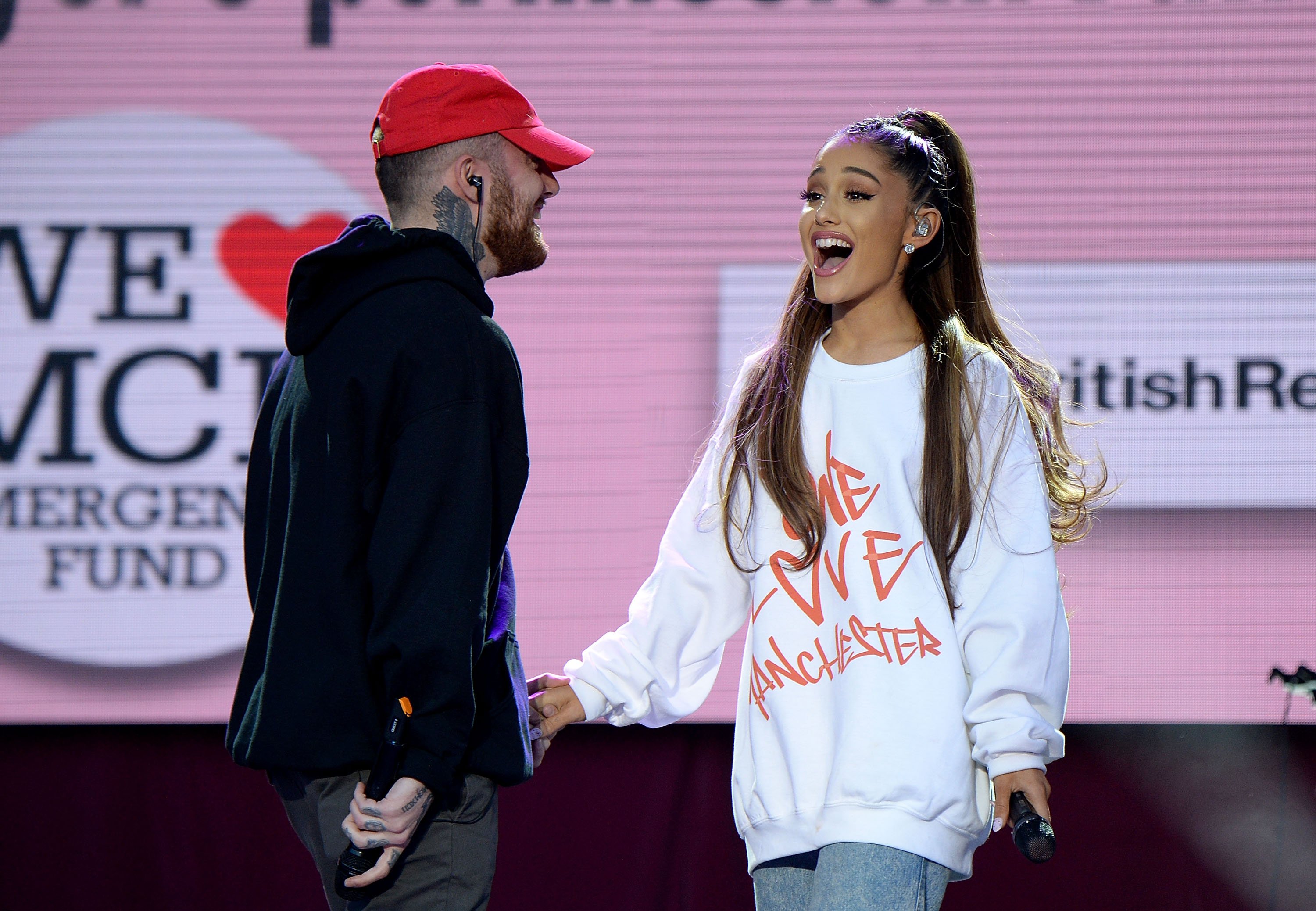 Mac Miller (L) and Ariana Grande perform on stage during the One Love Manchester Benefit Concert on June 4, 2017 in Manchester, England.