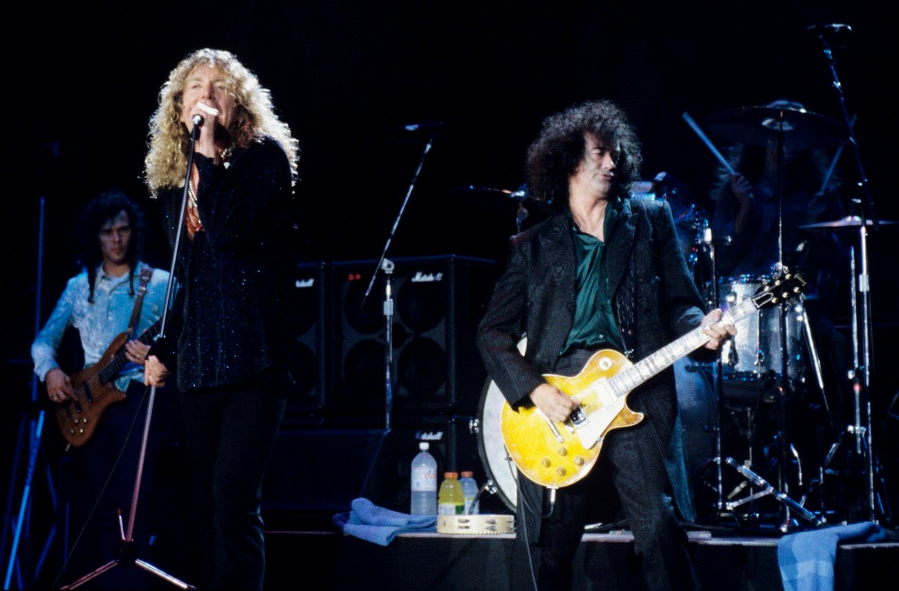 Robert Plant and Jimmy Page performing in the '90s