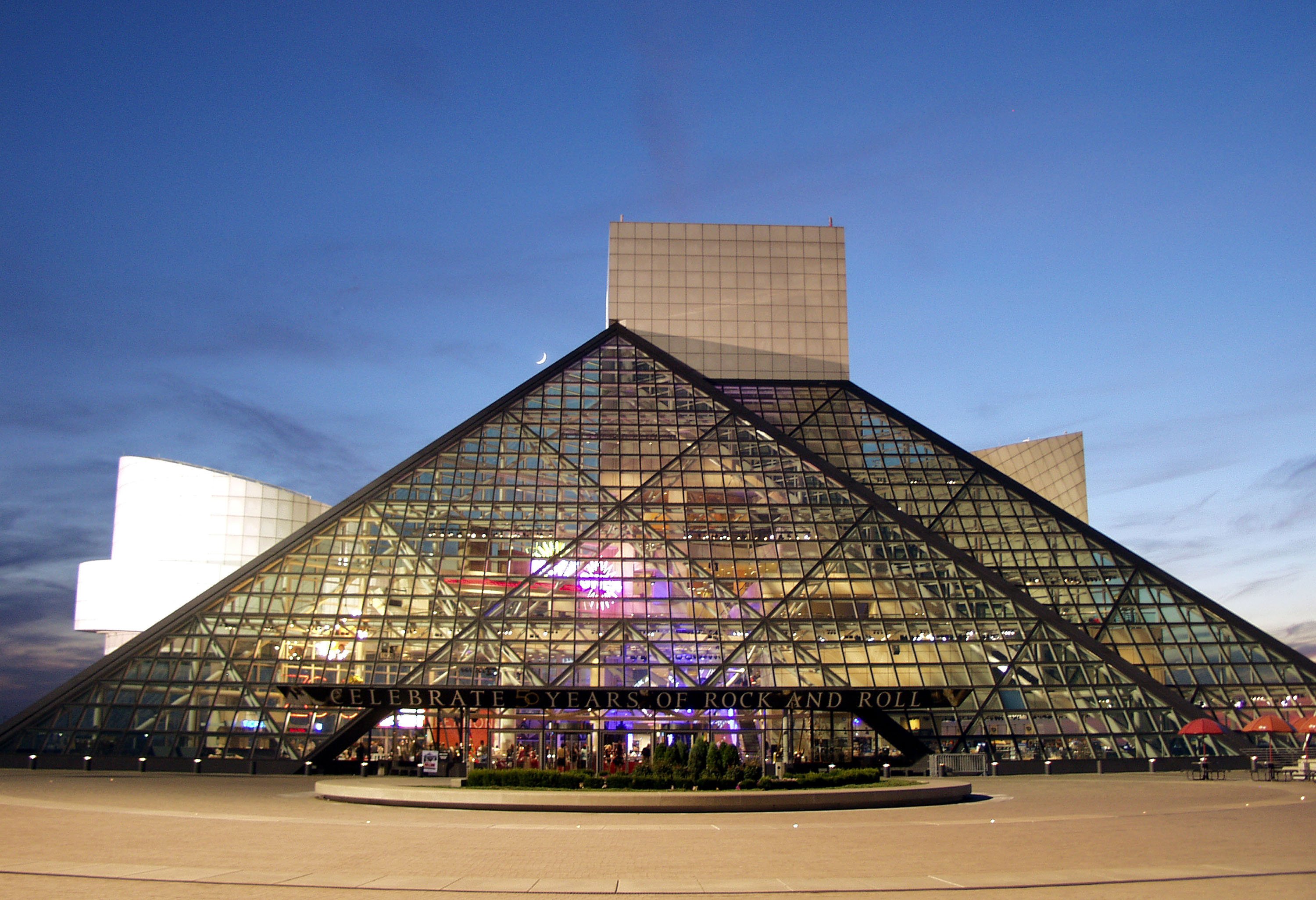 The glass exterior of the Rock and Roll Hall of Fame