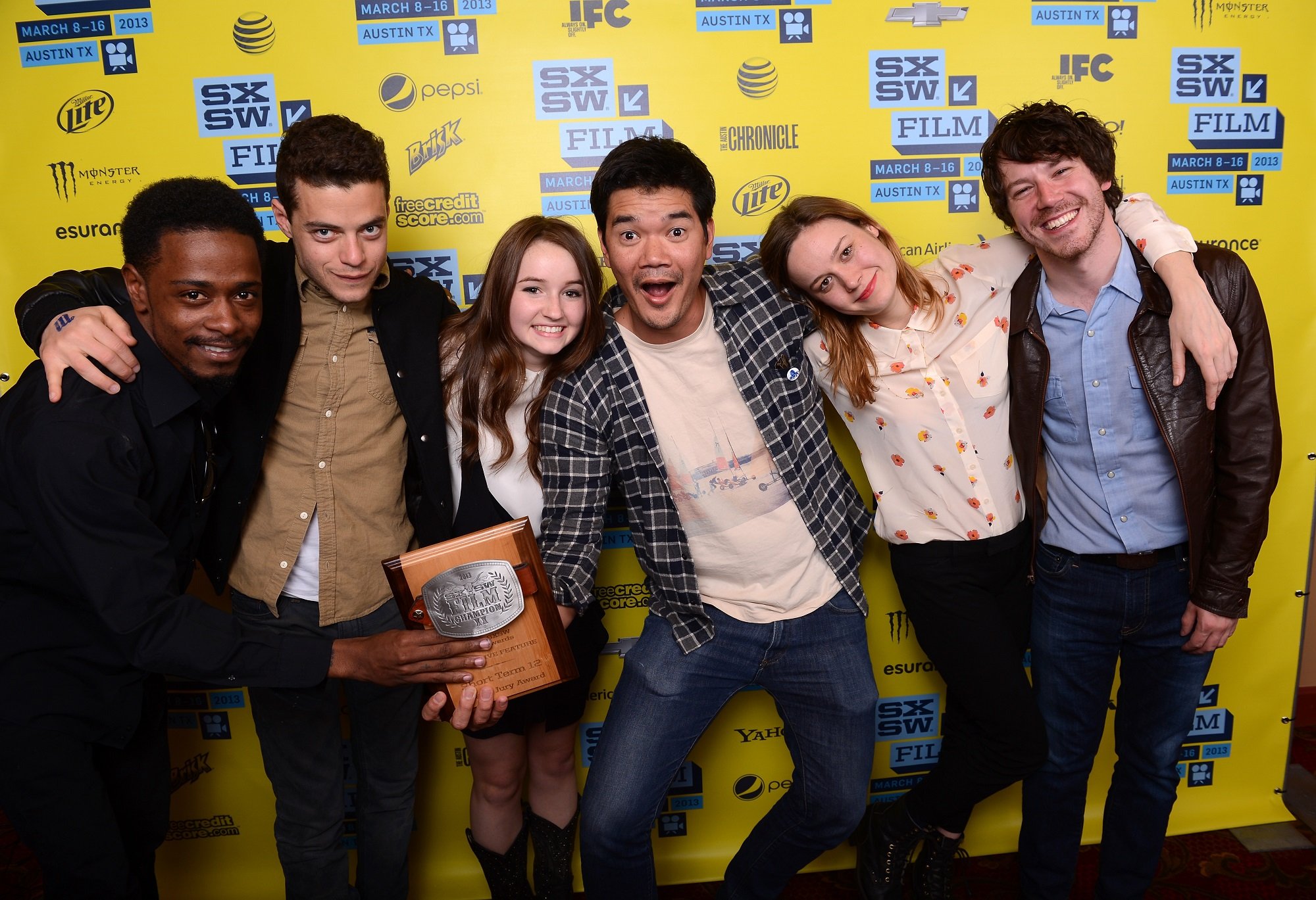 (L-R) Keith Stanfield, Rami Malek, Kaitlyn Dever, Destin Cretton, actress Brie Larson and John Gallagher Jr. of 'Short Term 12' at the 2013 SXSW Film Awards on March 12, 2013