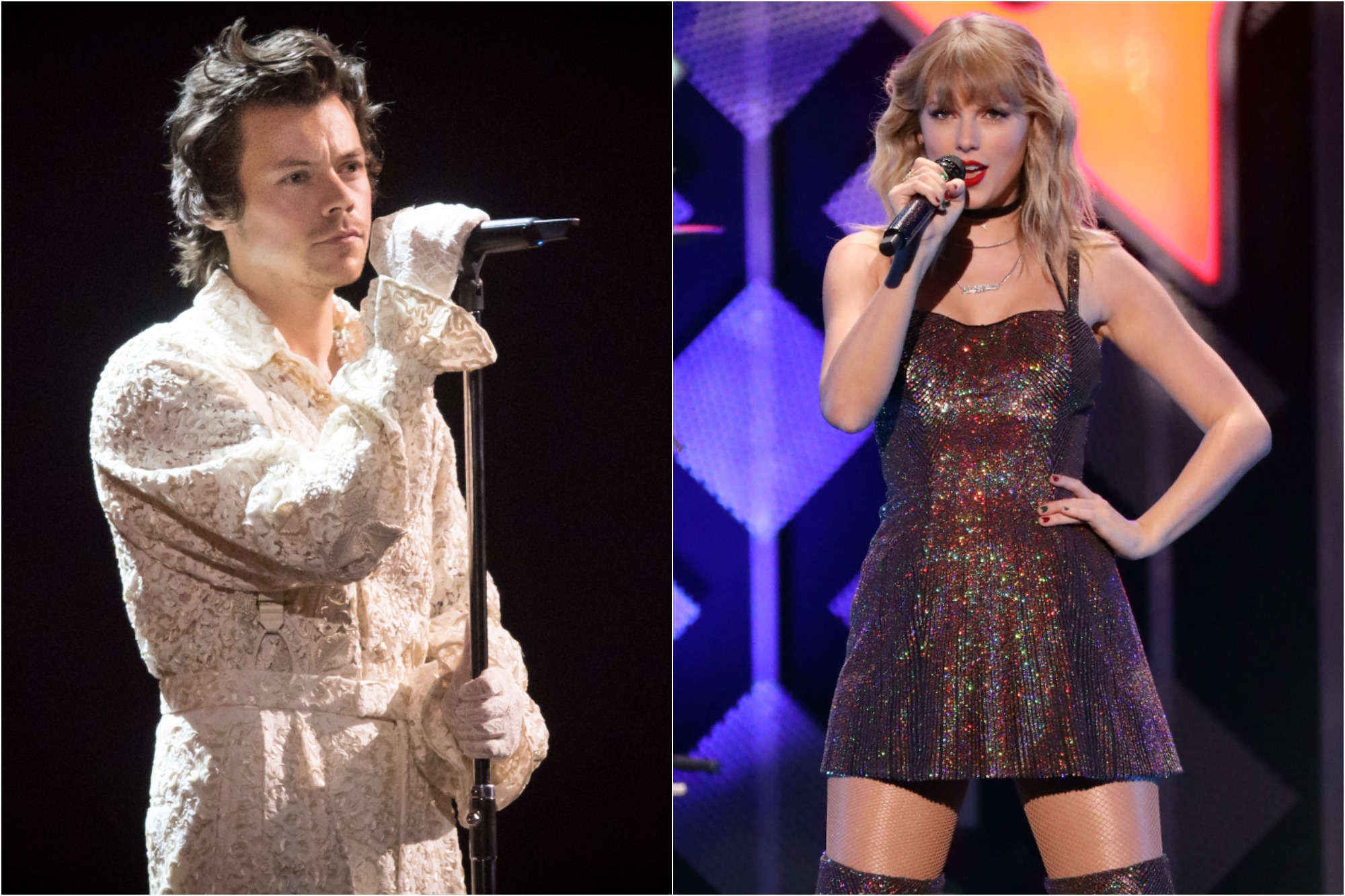 Harry Styles peforms during The BRIT Awards 2020 at The O2 Arena on Feb. 18, 2020/  Taylor Swift performs during the 2019 Z100 Jingle Ball at Madison Square Garden on Dec. 13, 2019.