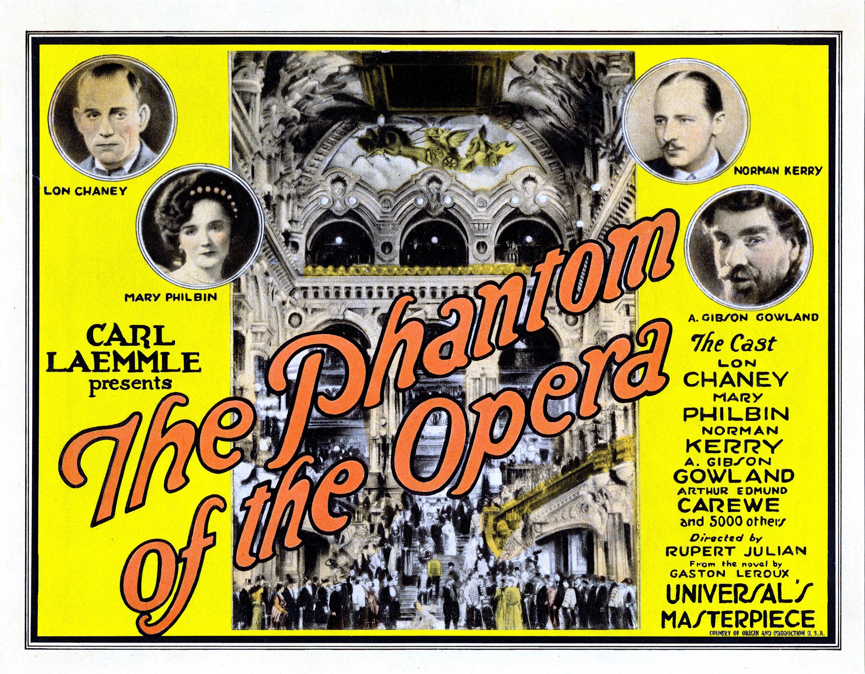 A yellow lobby card for the 1925 silent version of The Phantom of the Opera