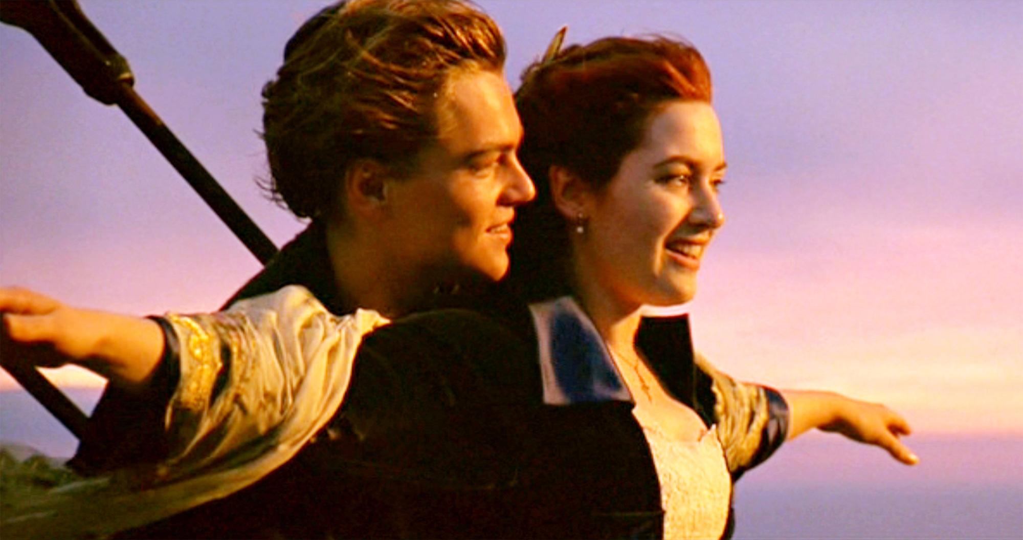 Jack Dawson (Leonardo DiCaprio) and Rose (Kate Winslet) in one of the most iconic scenes from the movie 'Titanic,' written and directed by James Cameron.
