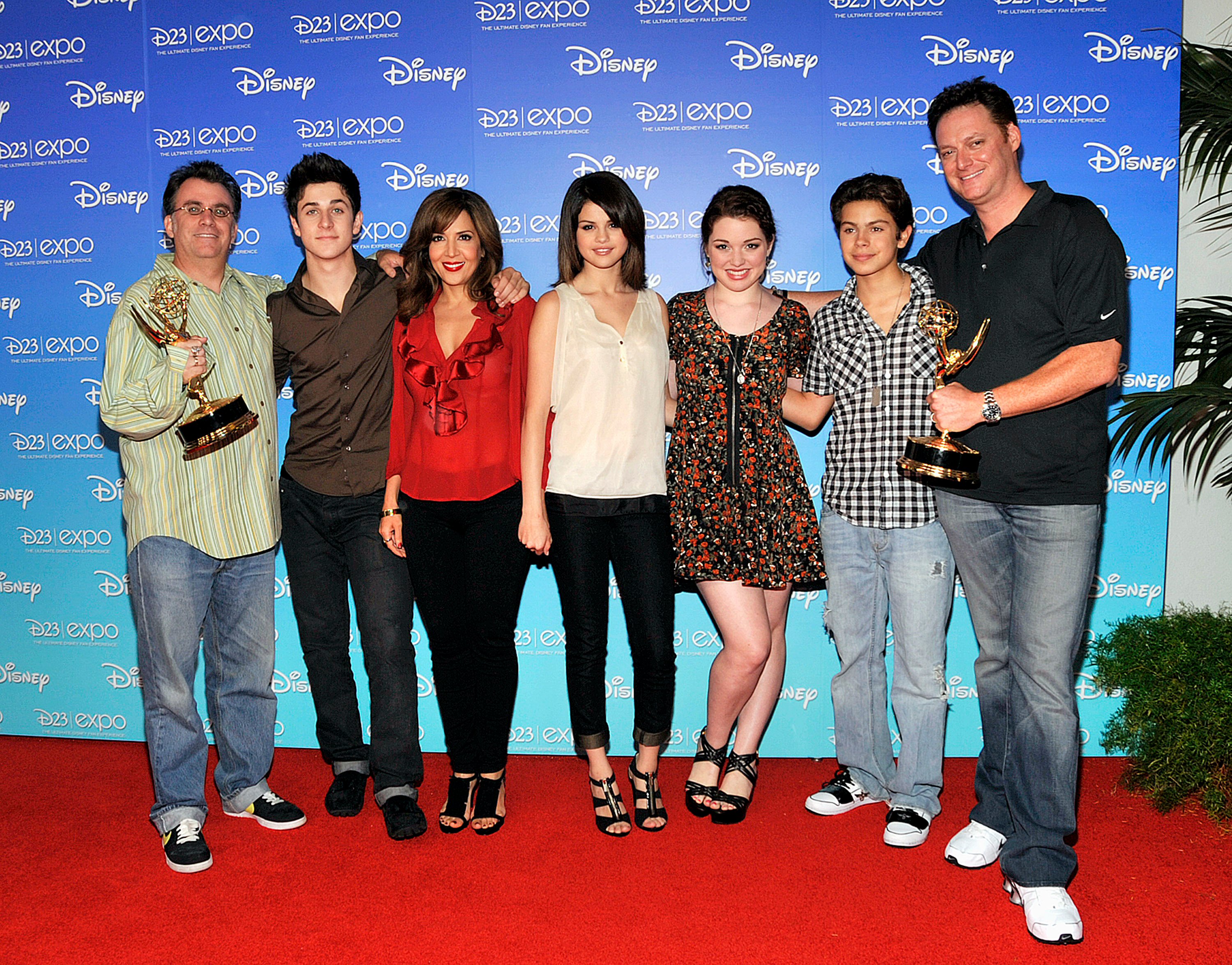 (L-R): 'Wizards of Waverly Place' executive producer Peter Murietta, actors David Henrie, Maria Canals-Barrera, Selena Gomez, Jennifer Stone, Jake T. Austin and executive producer Todd J. Greenwald