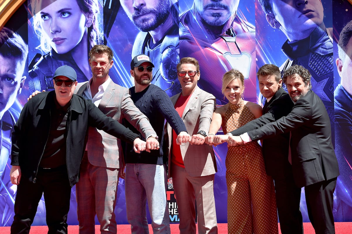 Kevin Feige, Chris Hemsworth, Chris Evans, Robert Downey Jr., Scarlett Johansson, Jeremy Renner, and Mark Ruffalo