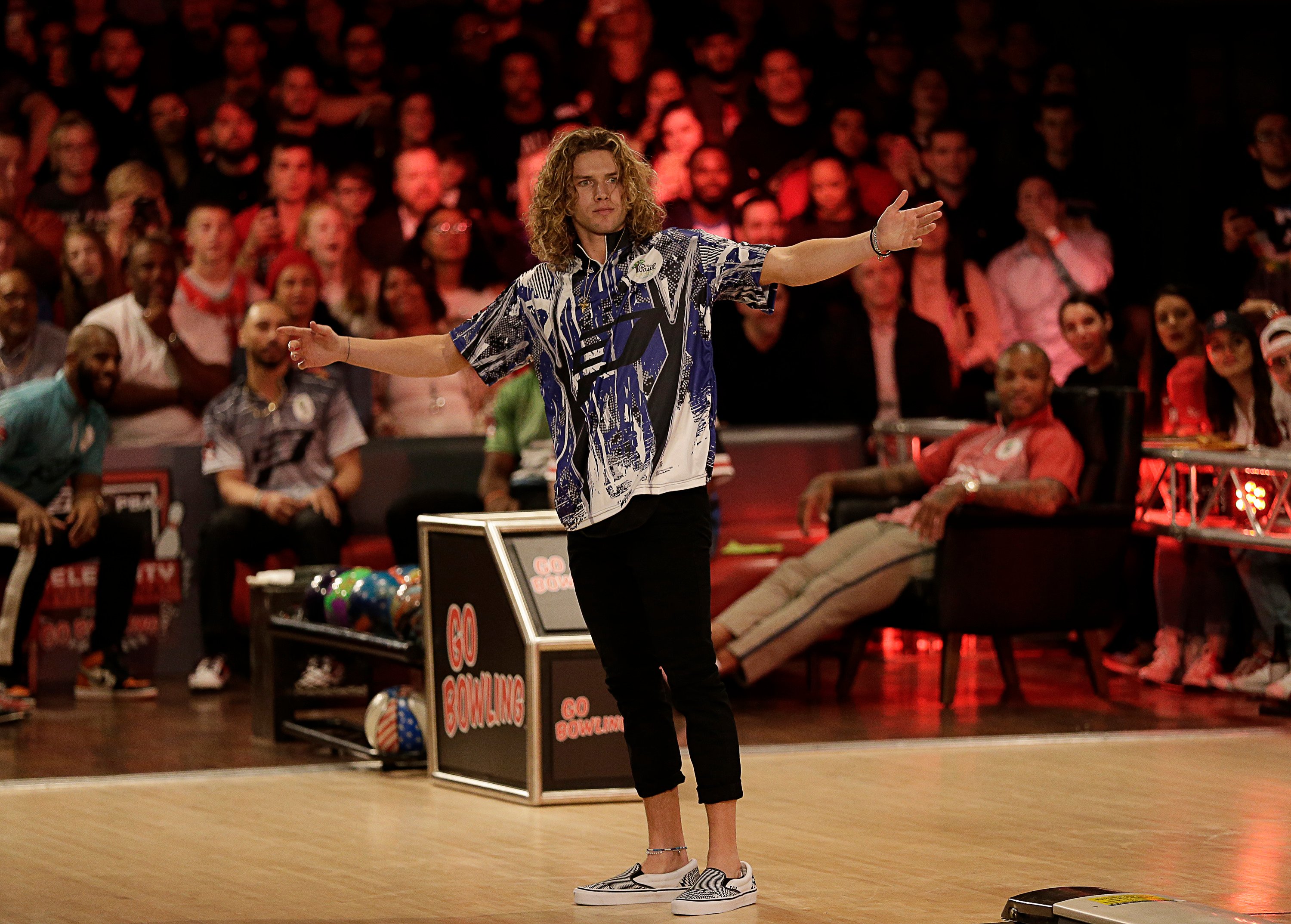 Tyler Crispen of the television show Big Brother bowls during the 2019 State Farm Chris Paul PBA Celebrity Invitational