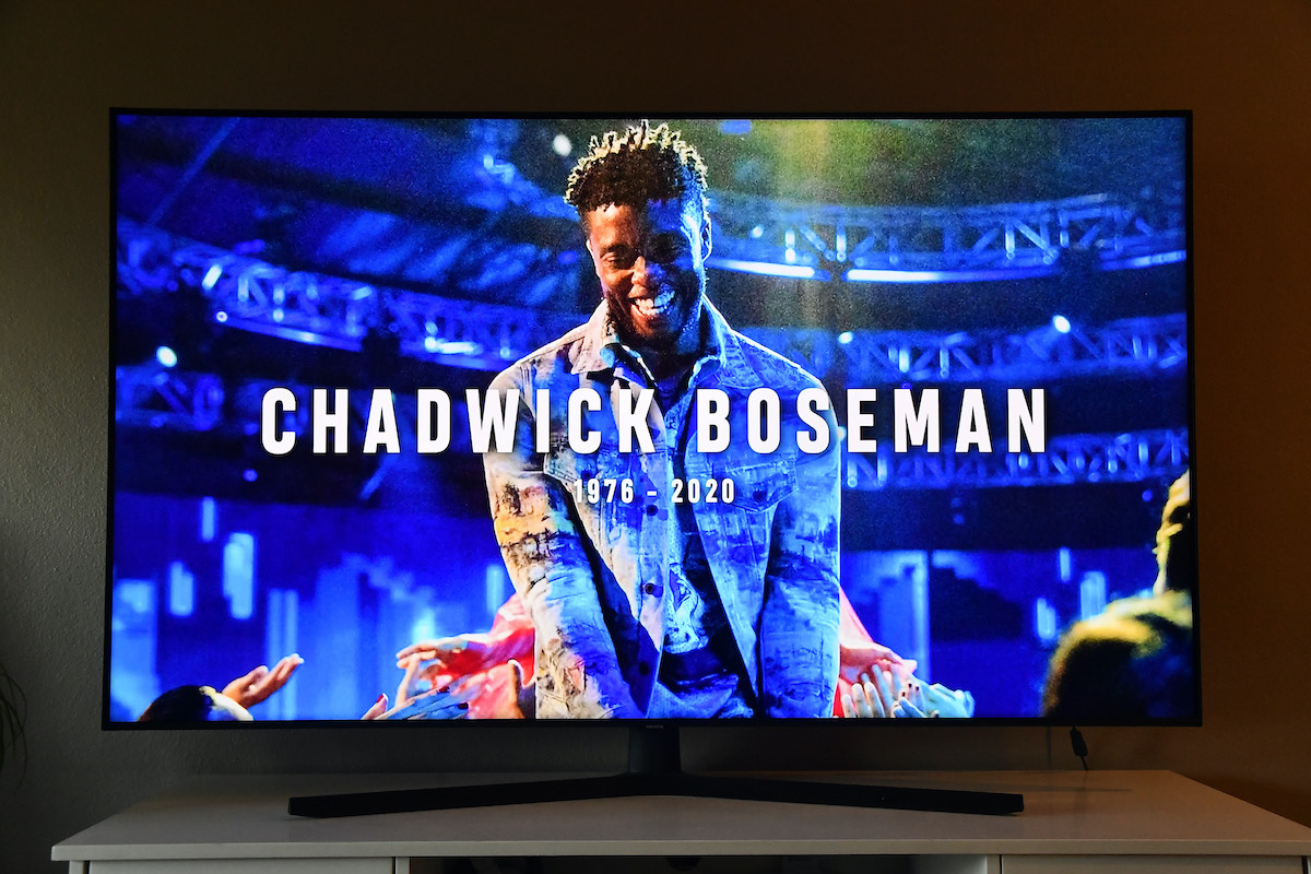 In Memoriam for Chadwick Boseman, viewed on a television screen, is seen during the 2020 MTV Video Music Awards broadcast on August 30, 2020