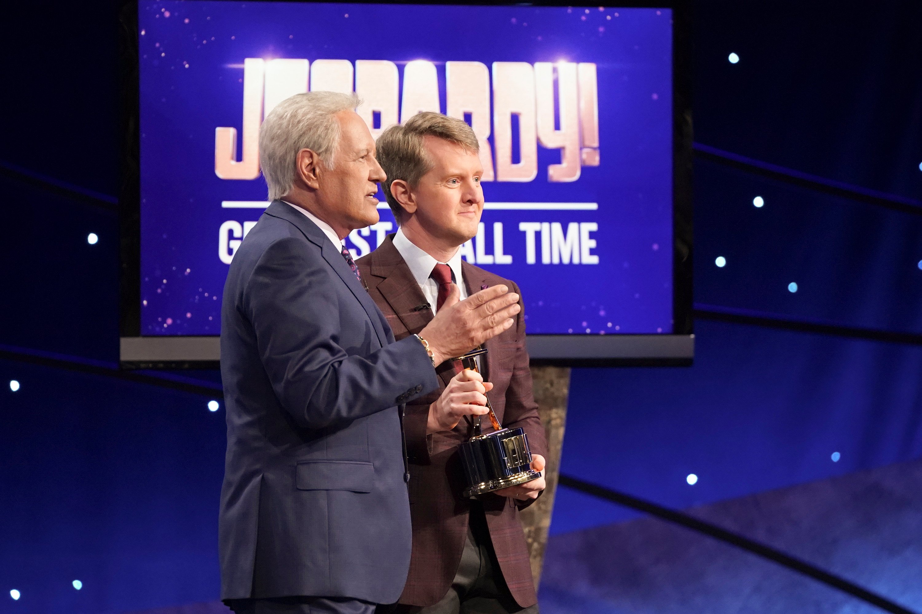 Alex Trebek and Ken Jennings during the Greatest of All Time tournament on 'Jeopardy!'