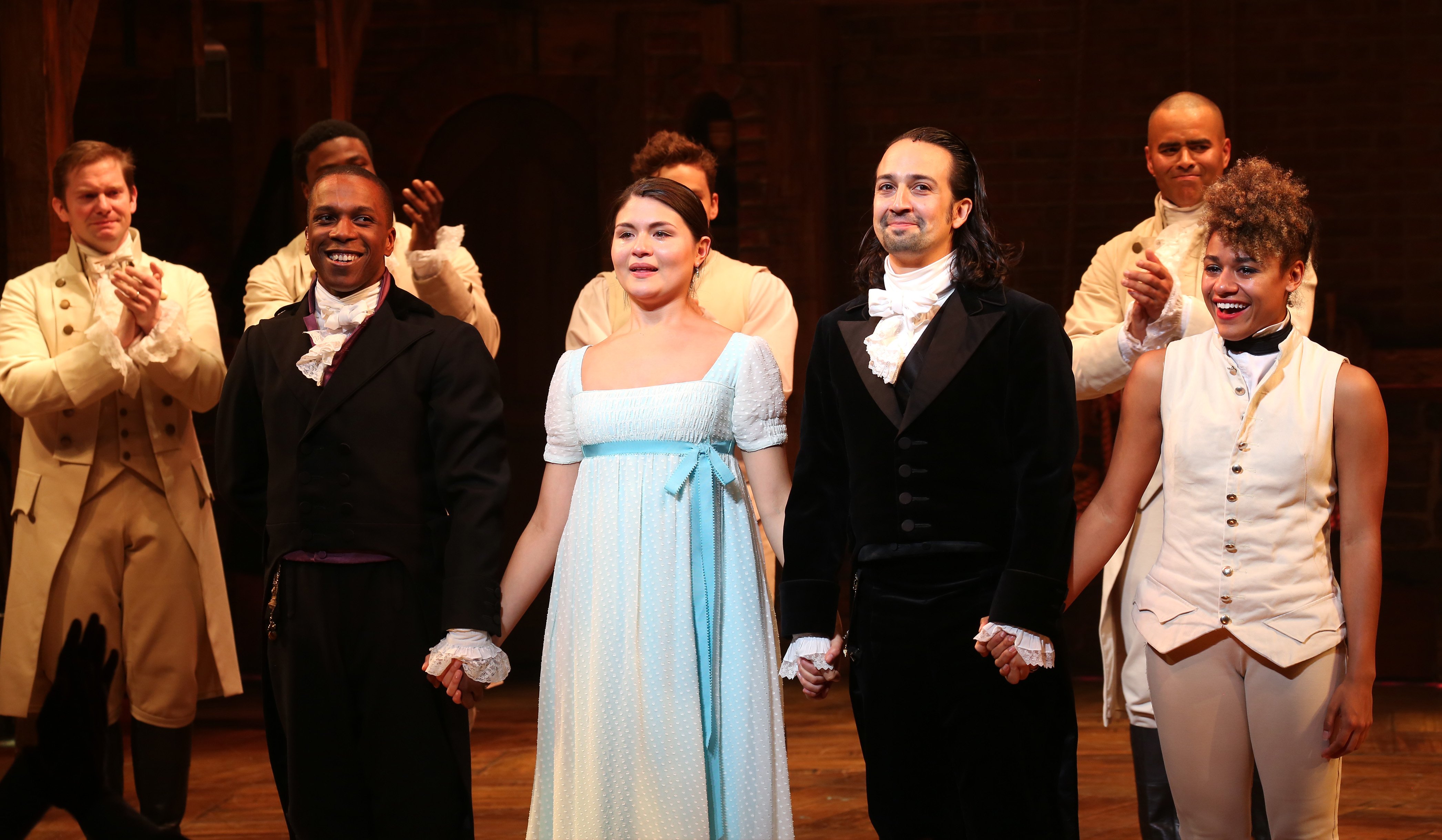 Leslie Odom Jr., Phillipa Soo, and Ariana DeBose with Lin-Manuel Miranda during their final performance of 'Hamilton'