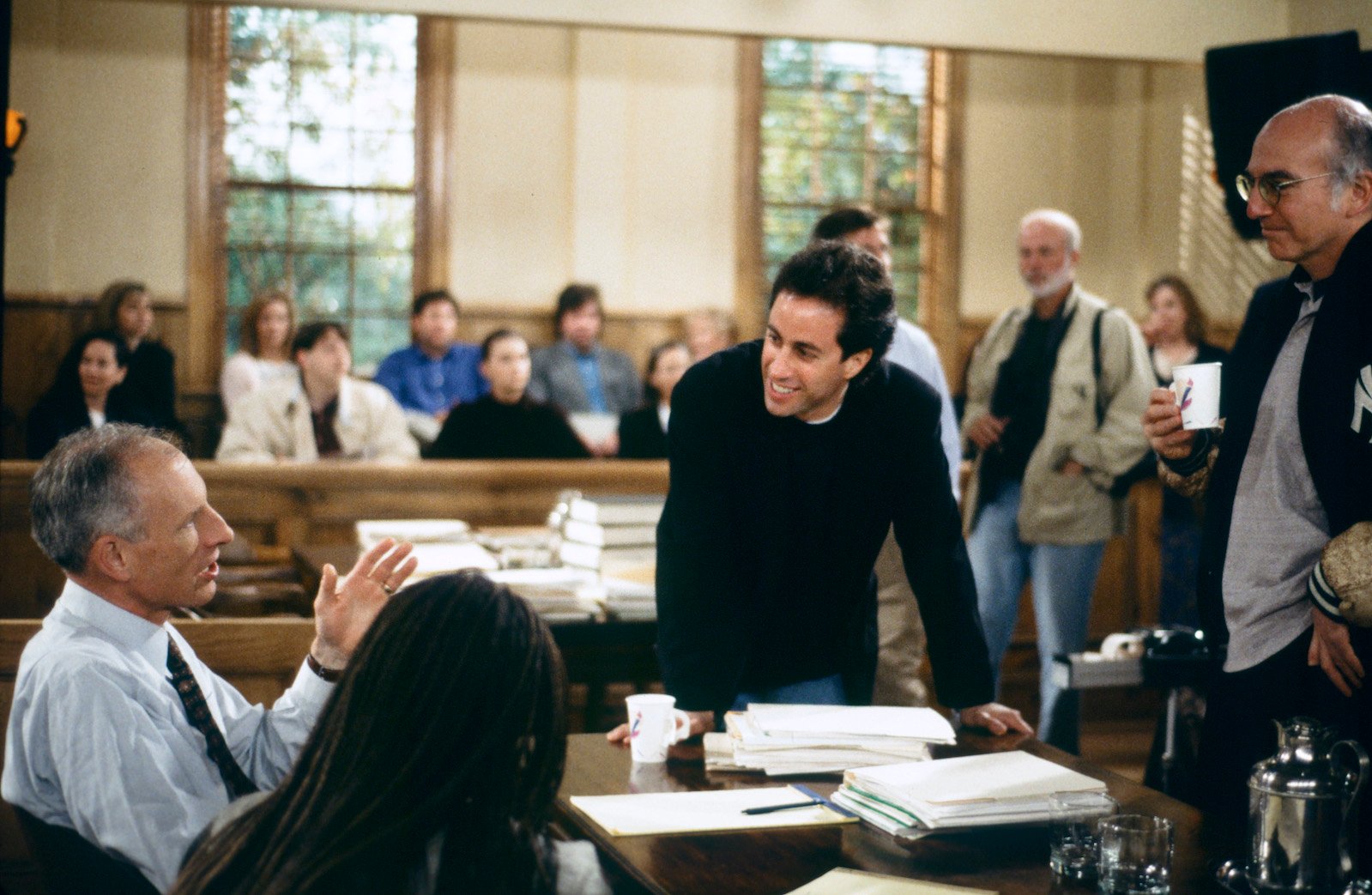 James Rebhorn, Jerry Seinfeld, and Larry David on the set of 'Seinfeld' series finale