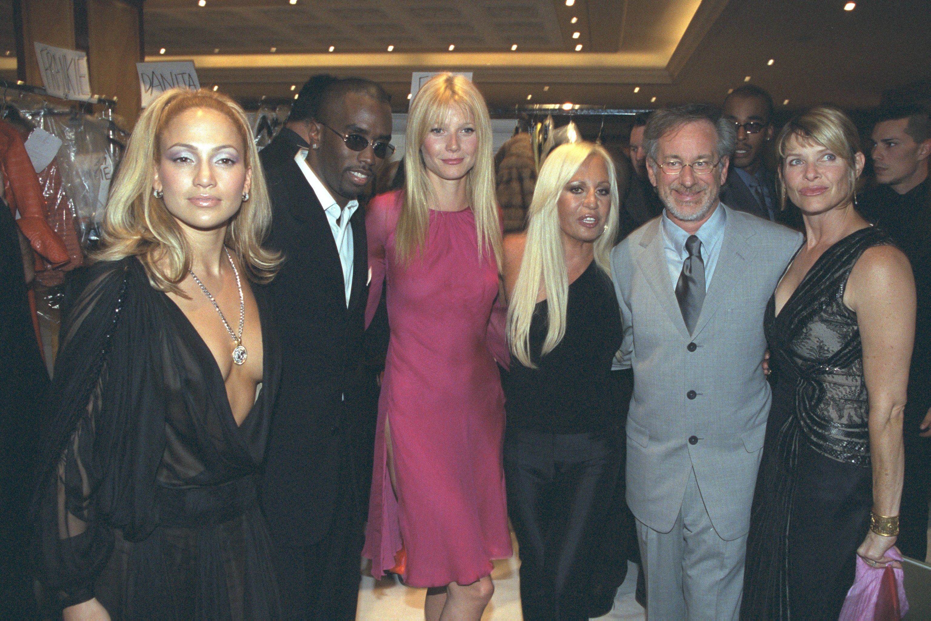 Jennifer Lopez, Sean 'Diddy' Combs, Gwyneth Paltrow, Donatella Versace and Steven Spielberg with his wife Kate Capshaw | Stephane Cardinale/Sygma via Getty Images