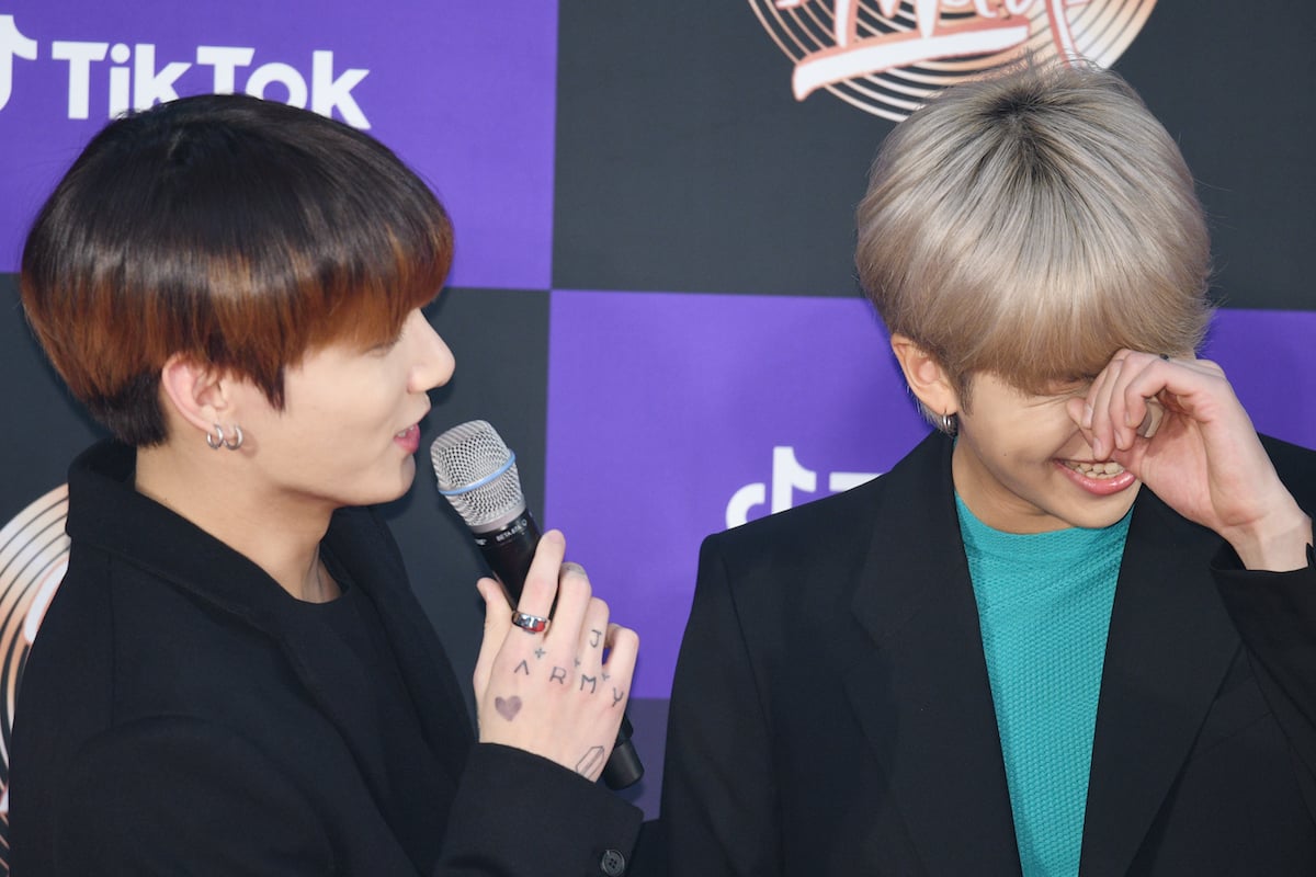 Jungkook and RM of Bangtan Boys arrives at the photocall for the 34th Golden Disc Awards on January 05, 2020 in Seoul, South Korea