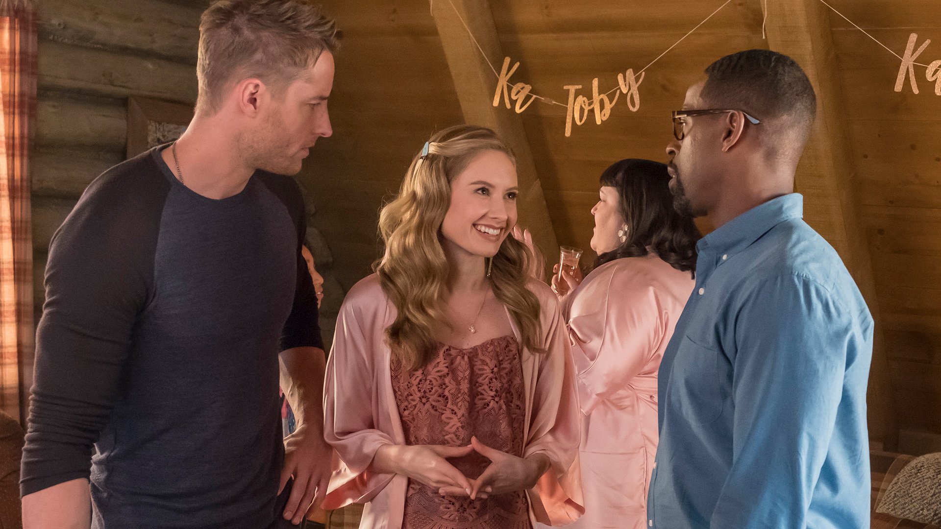 Justin Hartley as Kevin, Caitlin Thompson as Madison, and Sterling K. Brown as Randall on 'This Is Us' Season 2