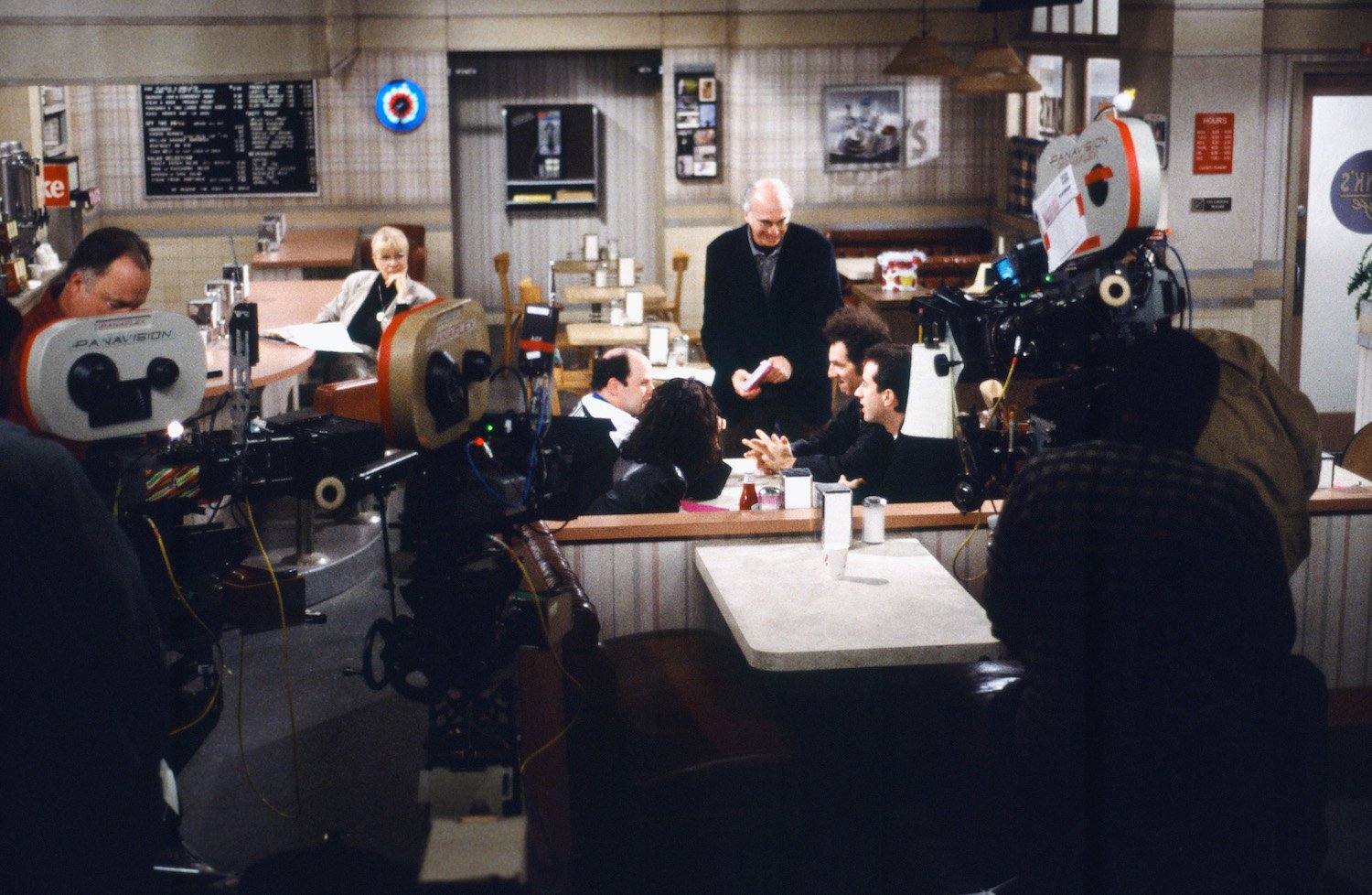 Larry David, Michael Richards, Jerry Seinfeld, Julia Louis-Dreyfus, and Jason Alexander on the set of 'Seinfeld'