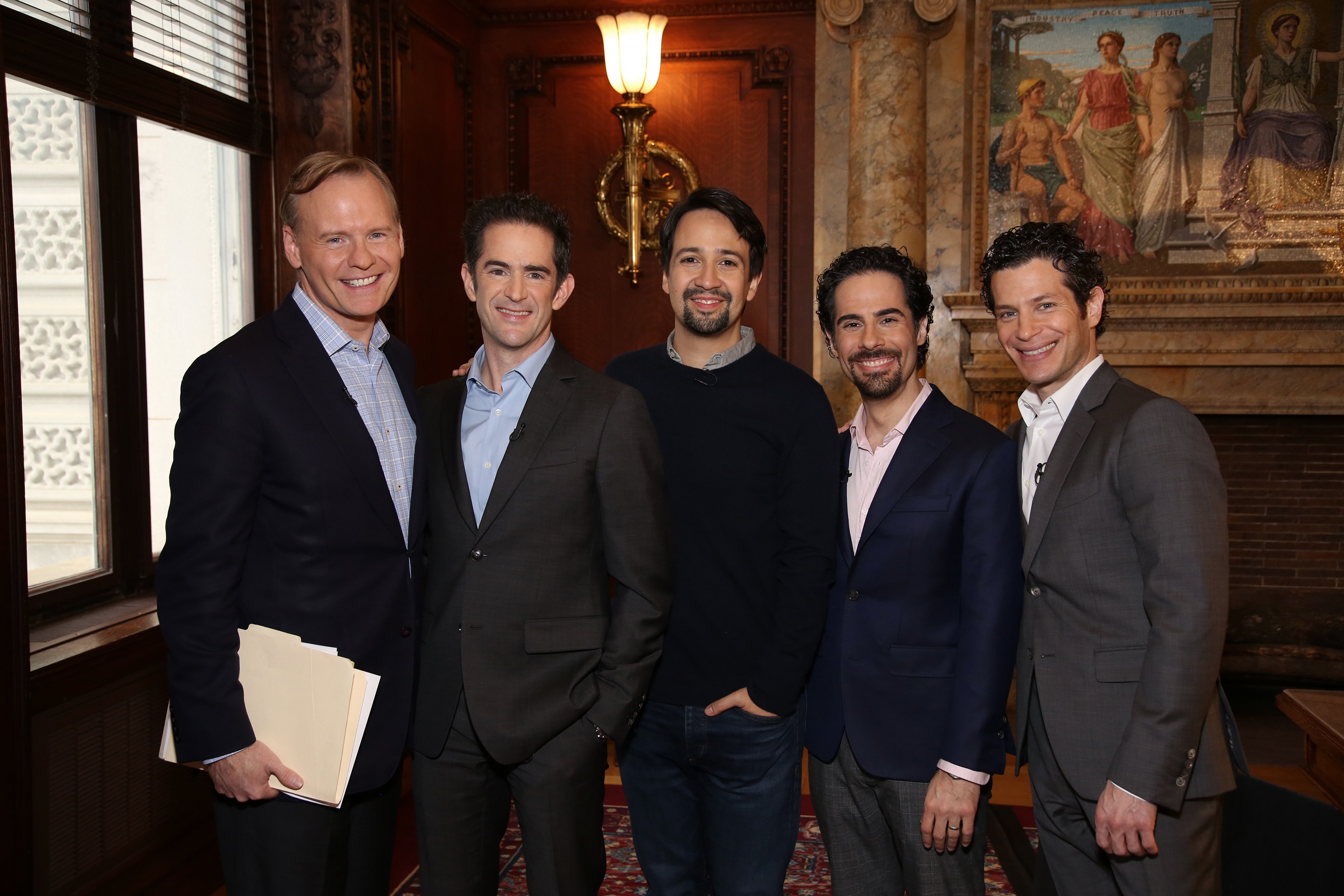 John Dickerson, Andy Blankenbuehler, Lin-Manuel Miranda, Alex Lacamoire, and Thomas Kail from the 'Hamilton' creative team