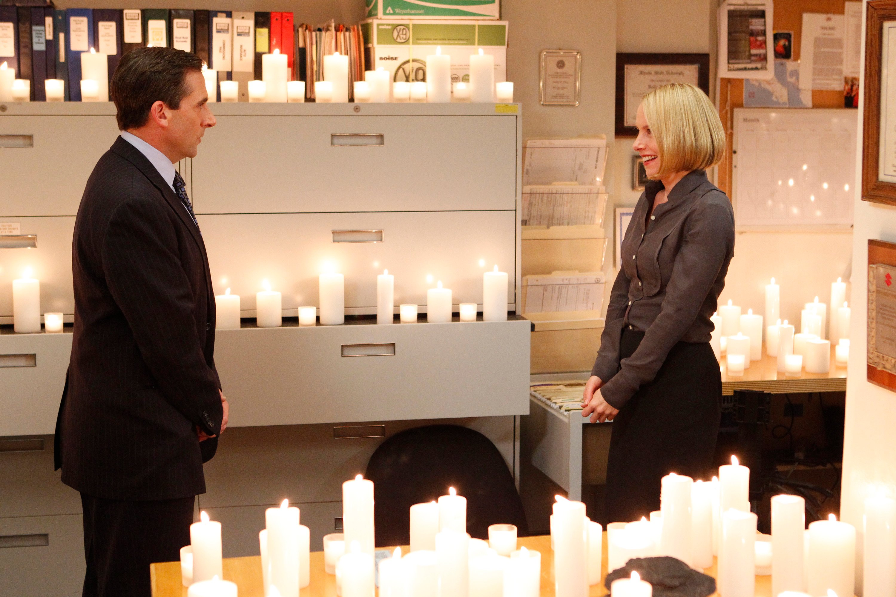 Steve Carell as Michael Scott and Amy Ryan as Holly Flax 