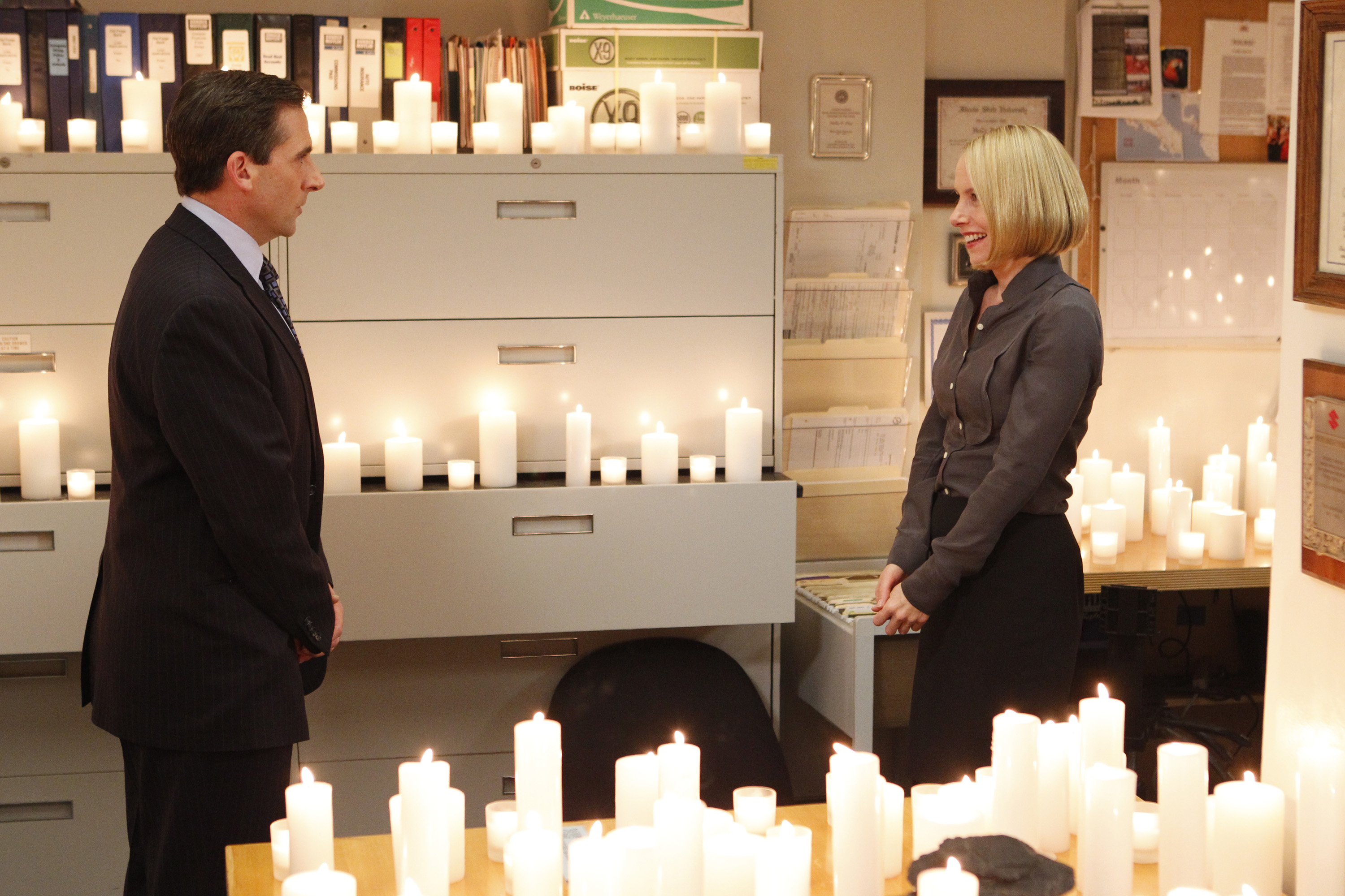 Steve Carell as Michael Scott and Amy Ryan as Holly Flax