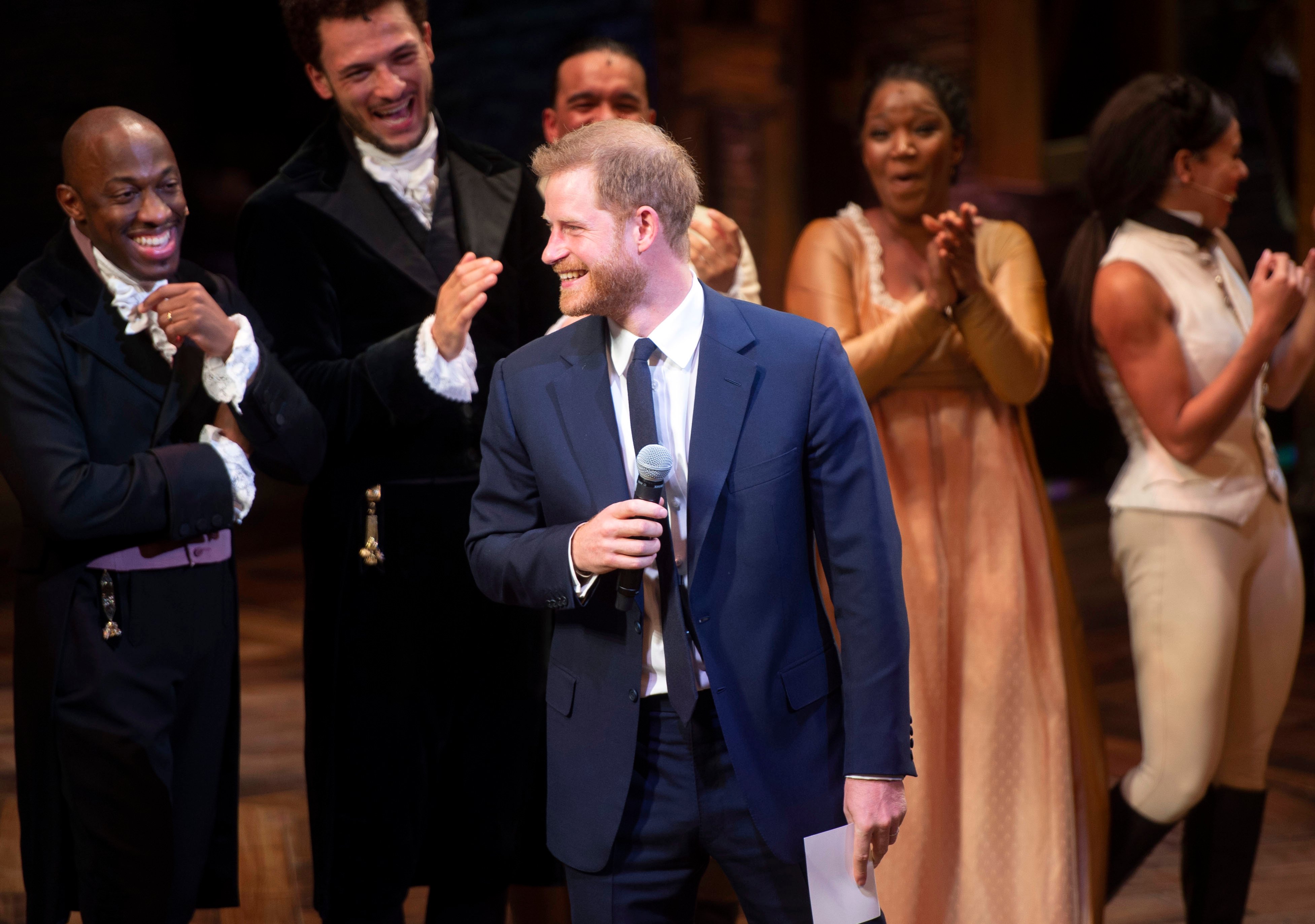 Prince Harry, Duke of Sussex speaks at 'Hamilton'