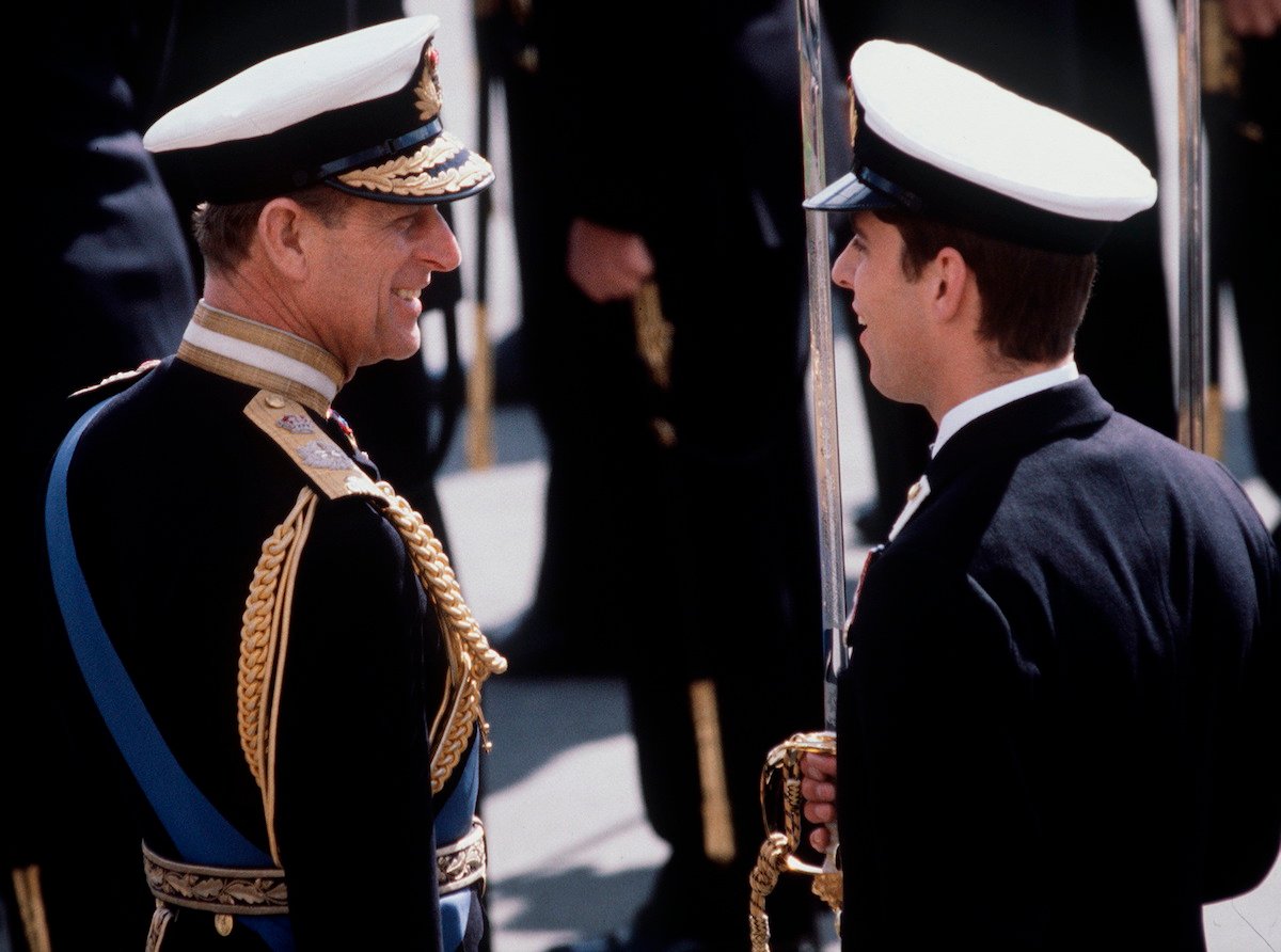 Prince Philip In Naval Uniform Of Admiral Of The Fleet Joking With Prince Andrew While Inspecting The Passing Out Parade At Dartmouth Royal Naval College In Which His Son Is Taking Part.
