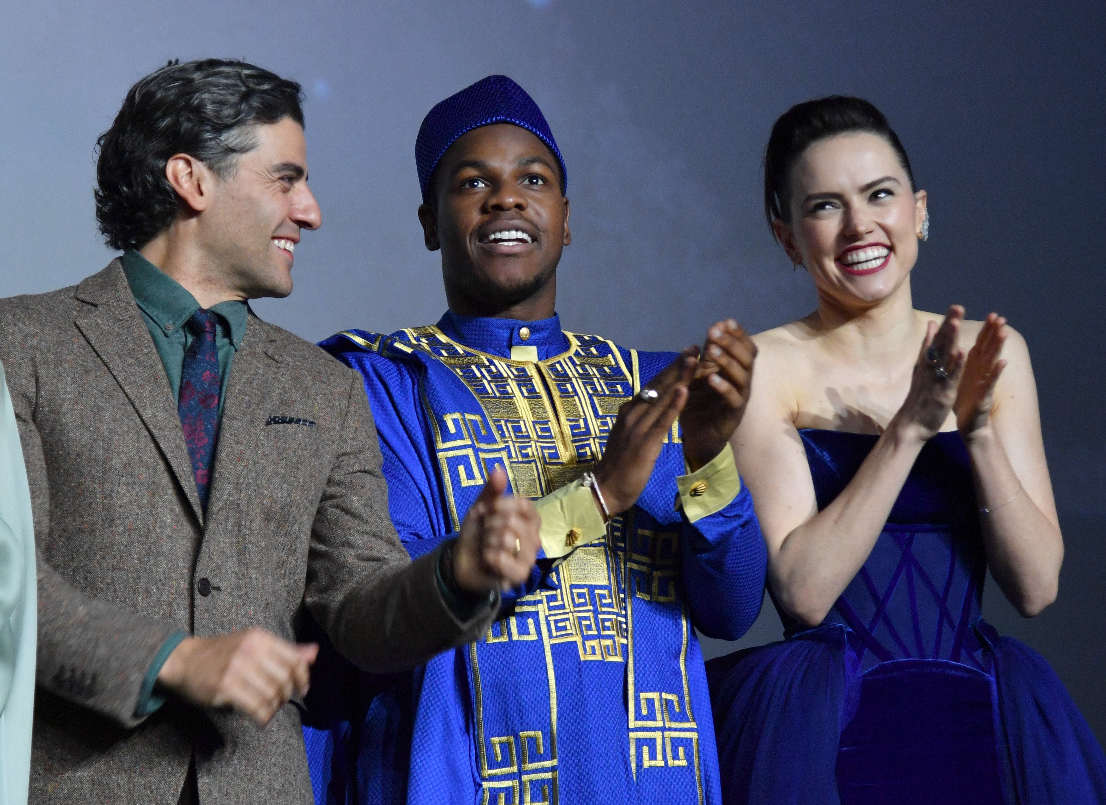 Oscar Isaac, John Boyega, and Daisy Ridley attend the European premiere of 'Star Wars: The Rise of Skywalker'