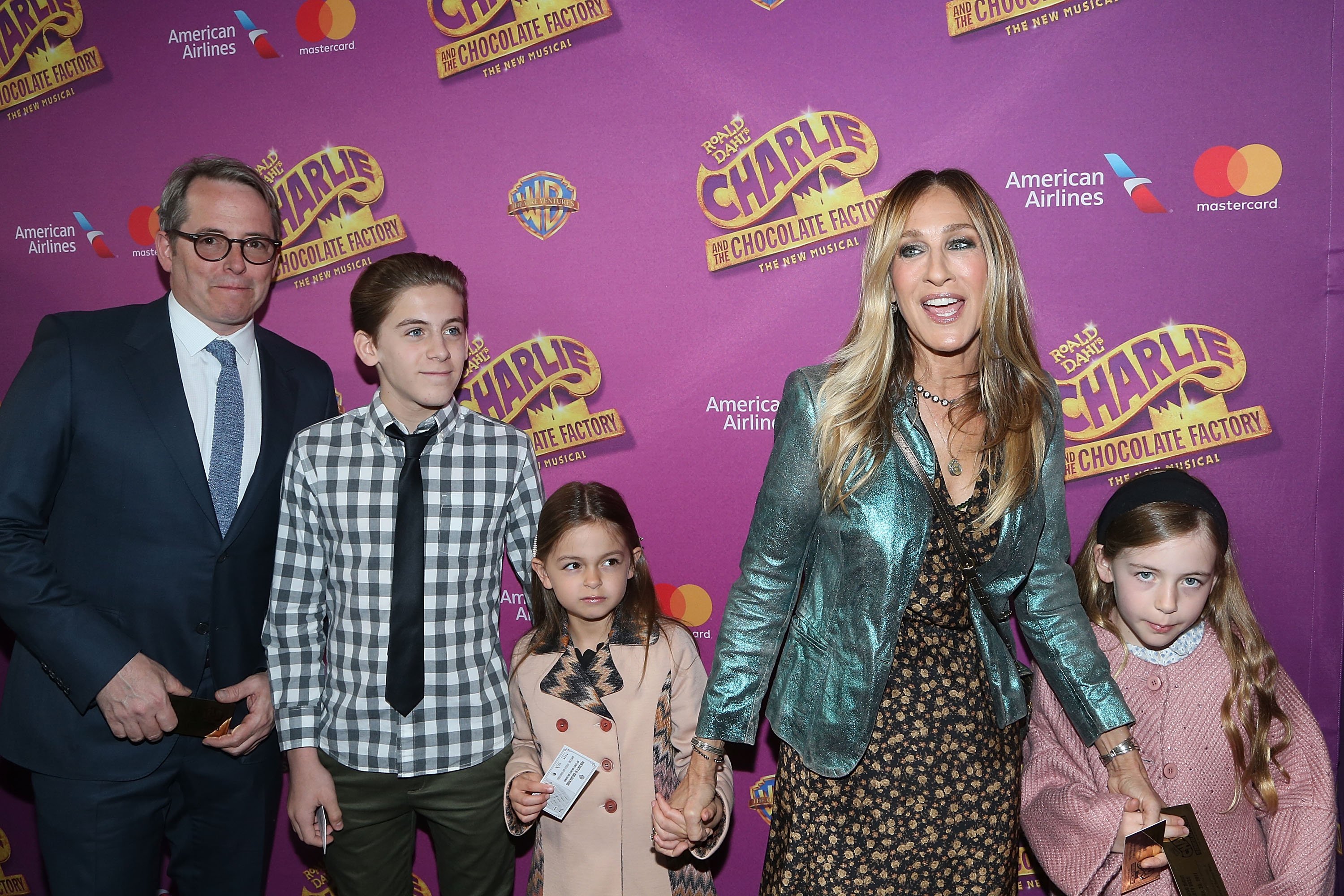 Matthew Broderick, James Wilkie Broderick, Tabitha Hodge Broderick, Sarah Jessica Parker and Marion Loretta Elwell Broderick attend the 'Charlie And The Chocolate Factory'