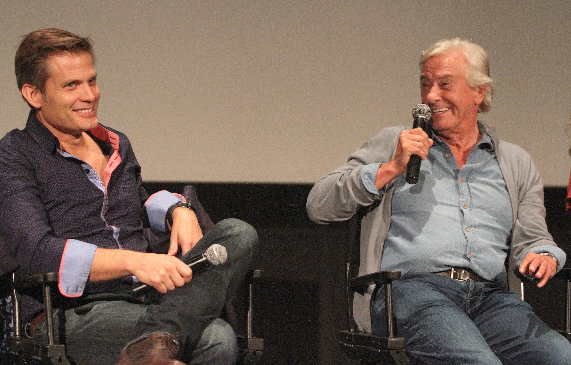 (L-R) Actor Casper Van Dien and director Paul Verhoeven speak onstage