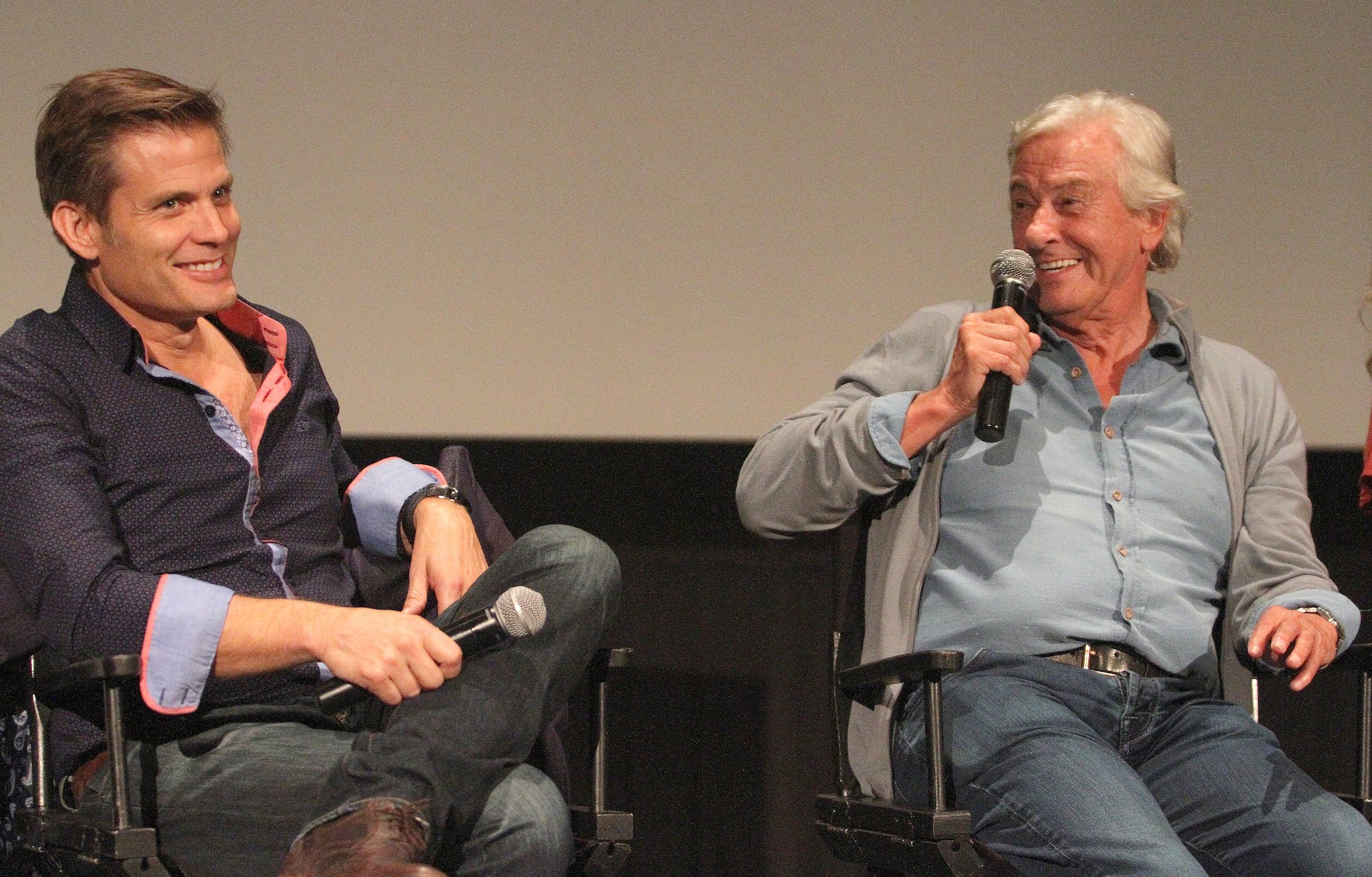 (L-R) Actor Casper Van Dien and director Paul Verhoeven speak onstage