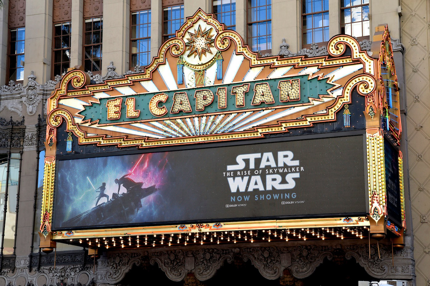 Exterior shot of the marquee of "Star Wars: The Rise Of Skywalker" at the El Capitan Theater