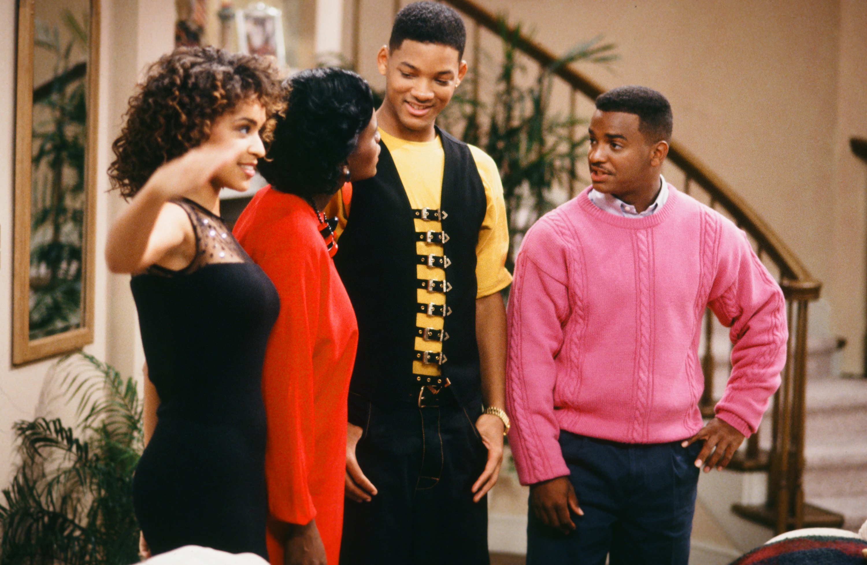 Karyn Parsons as Hilary Banks, Janet Hubert as Vivian Banks, Will Smith as William 'Will' Smith, and Alfonso Ribeiro as Carlton Banks