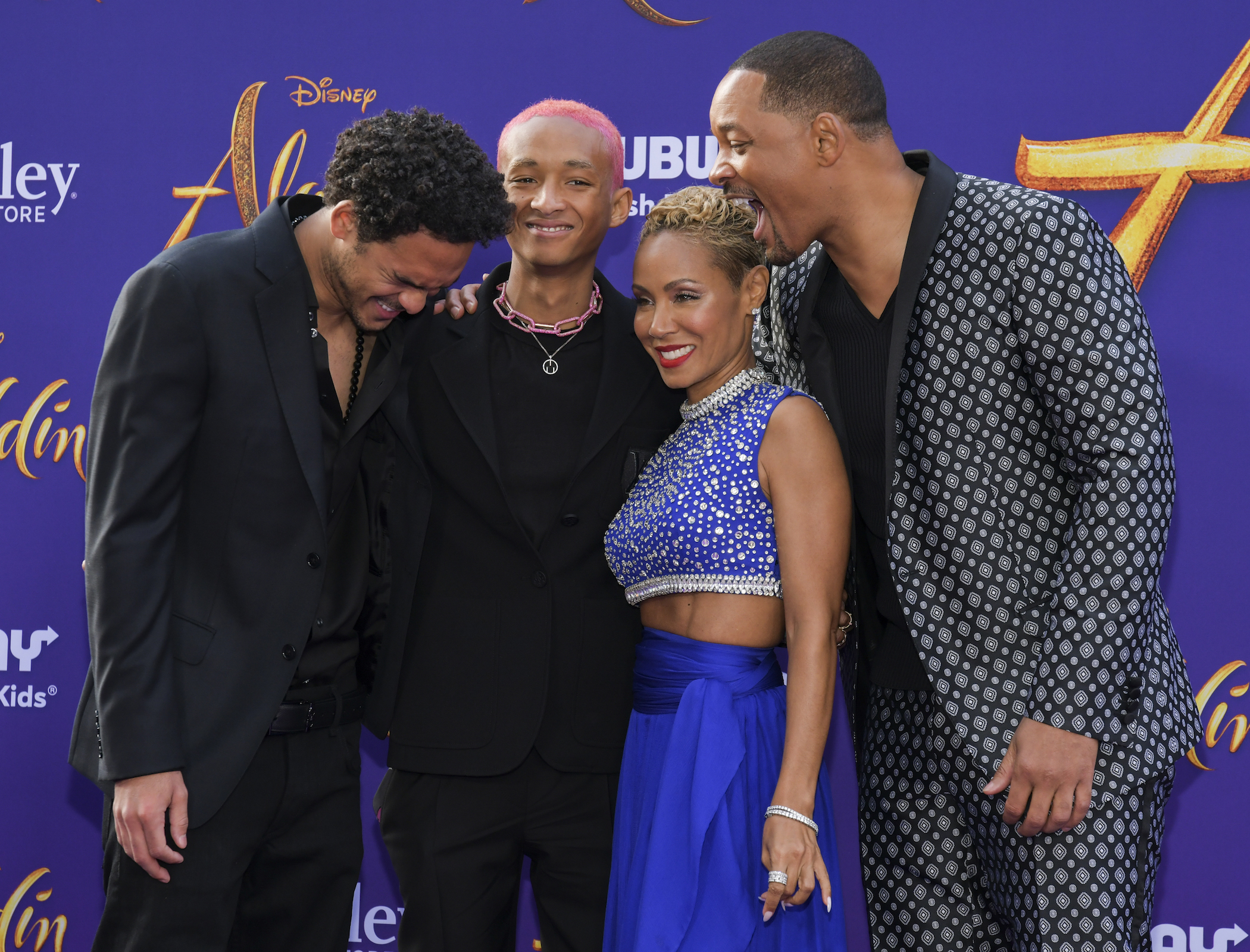 (L-R) Trey Smith, Jaden Smith, Jada Pinkett-Smith, and Will Smith attend the premiere of Disney's 'Aladdin'