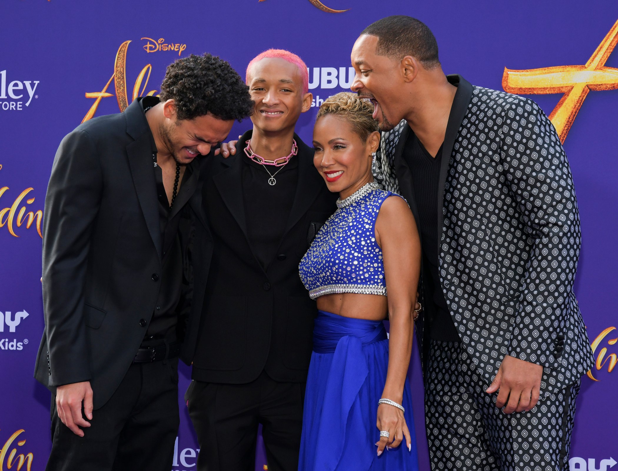 (L-R) Trey Smith, Jaden Smith, Jada Pinkett-Smith, and Will Smith attend the premiere of Disney's 'Aladdin' 