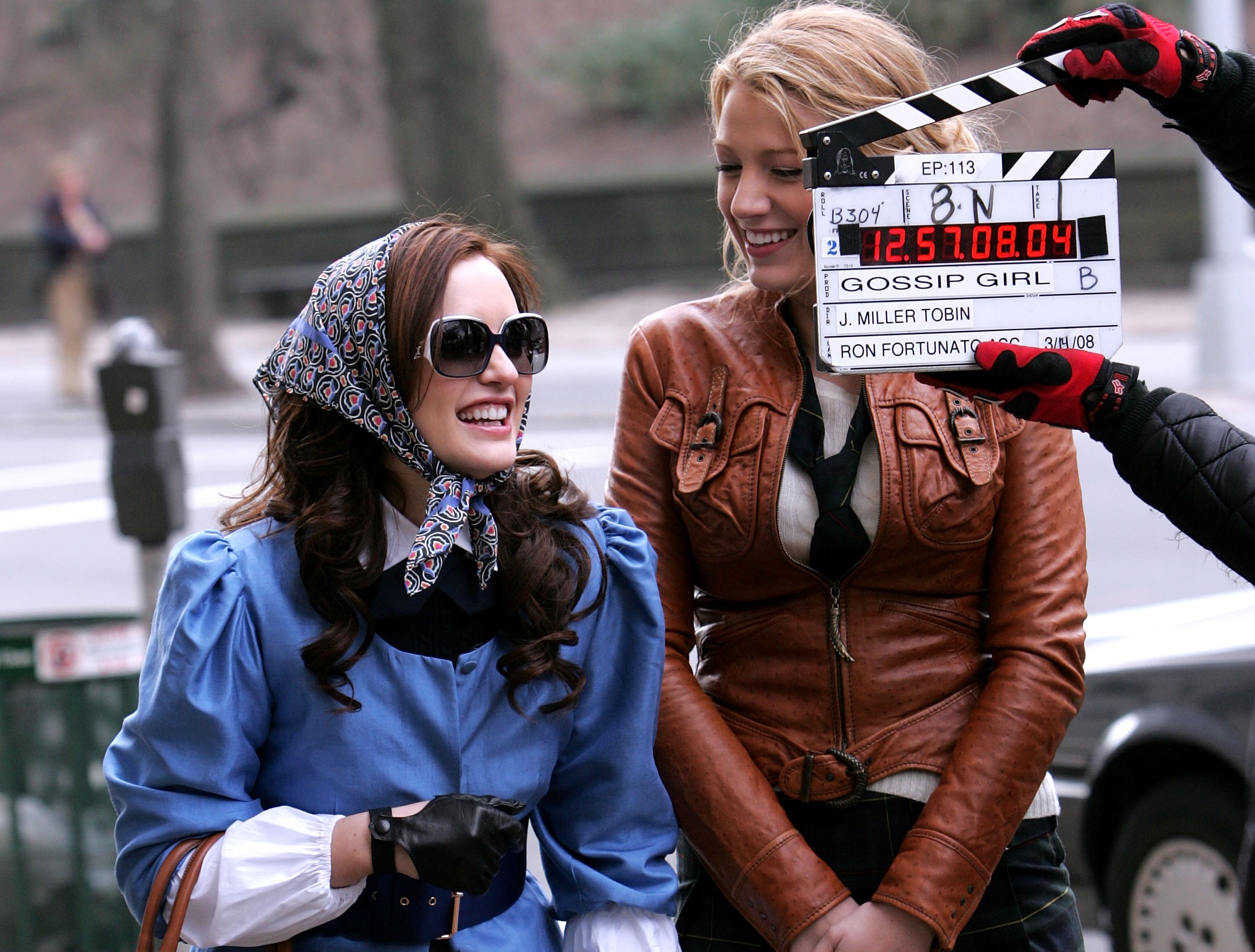 Leighton Meester and Blake Lively on location for 'Gossip Girl' on March 14, 2008 in New York City.