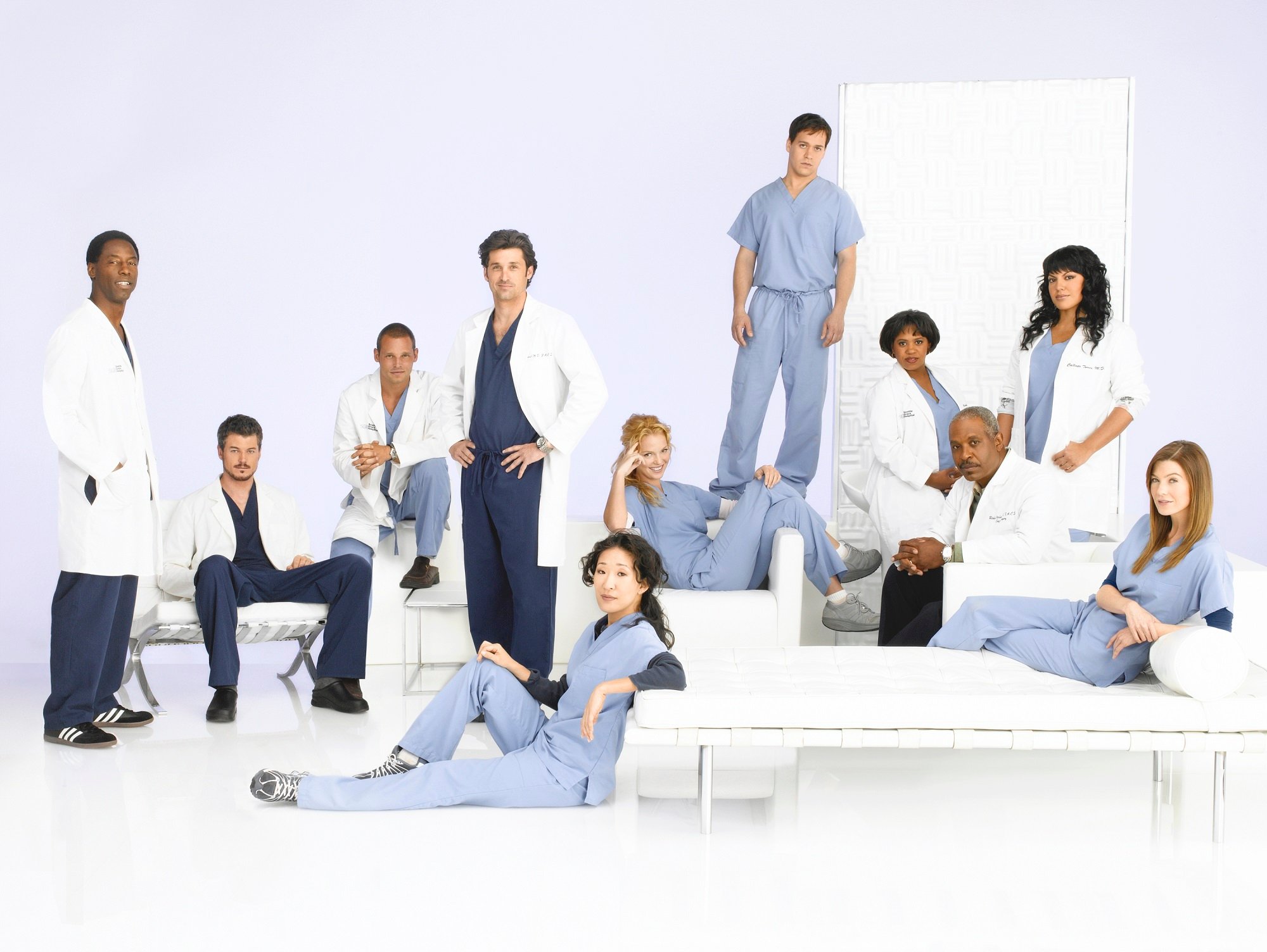 (L-R) 'Grey's Anatomy' stars Isaiah Washington, Eric Dane, Justin Chambers, Patrick Dempsey, Sandra Oh, Katherine Heigl, T.R. Knight, Chandra Wilson, James Pickens, Jr., Sara Ramirez, and Ellen Pompeo